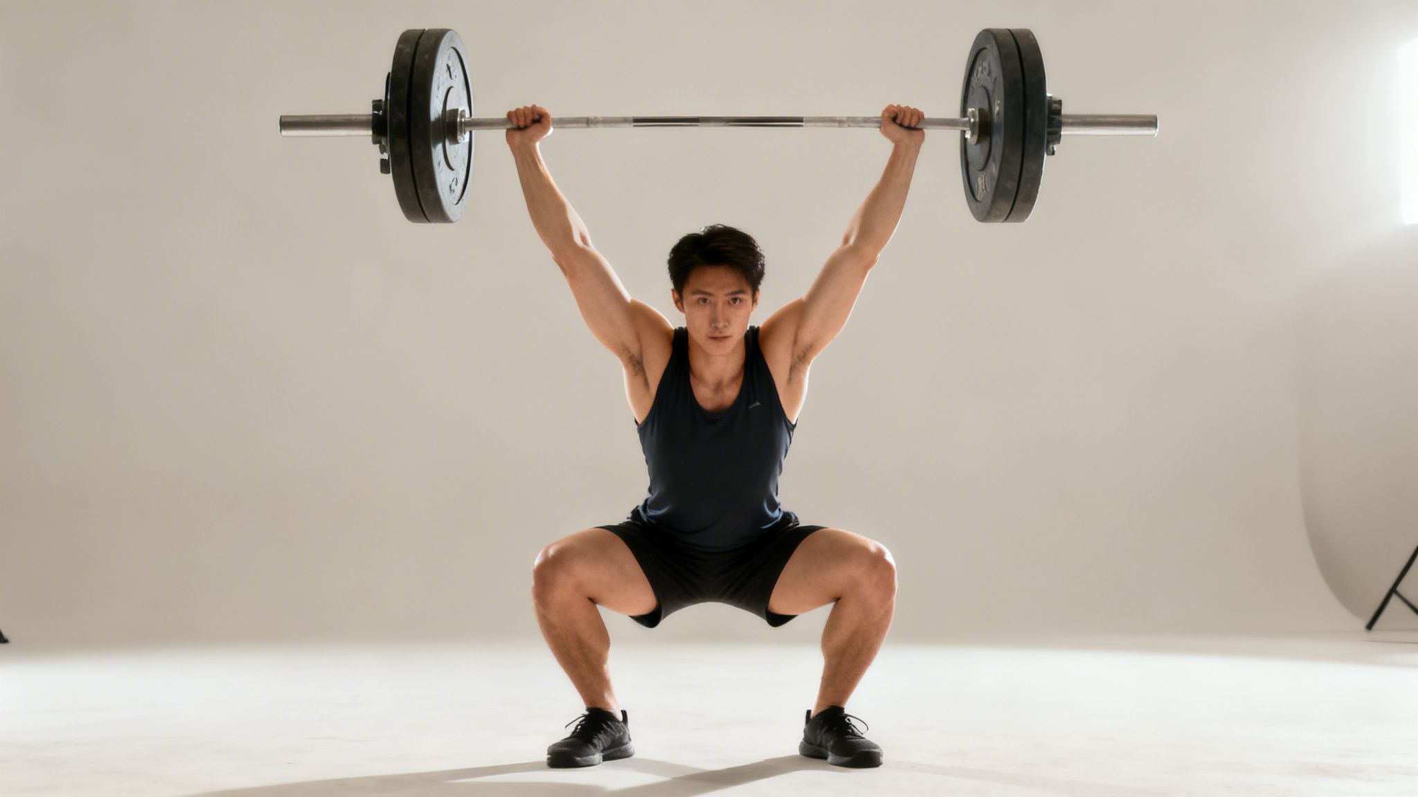 A muscular man demonstrates an overhead barbell squat exercise with perfect form.