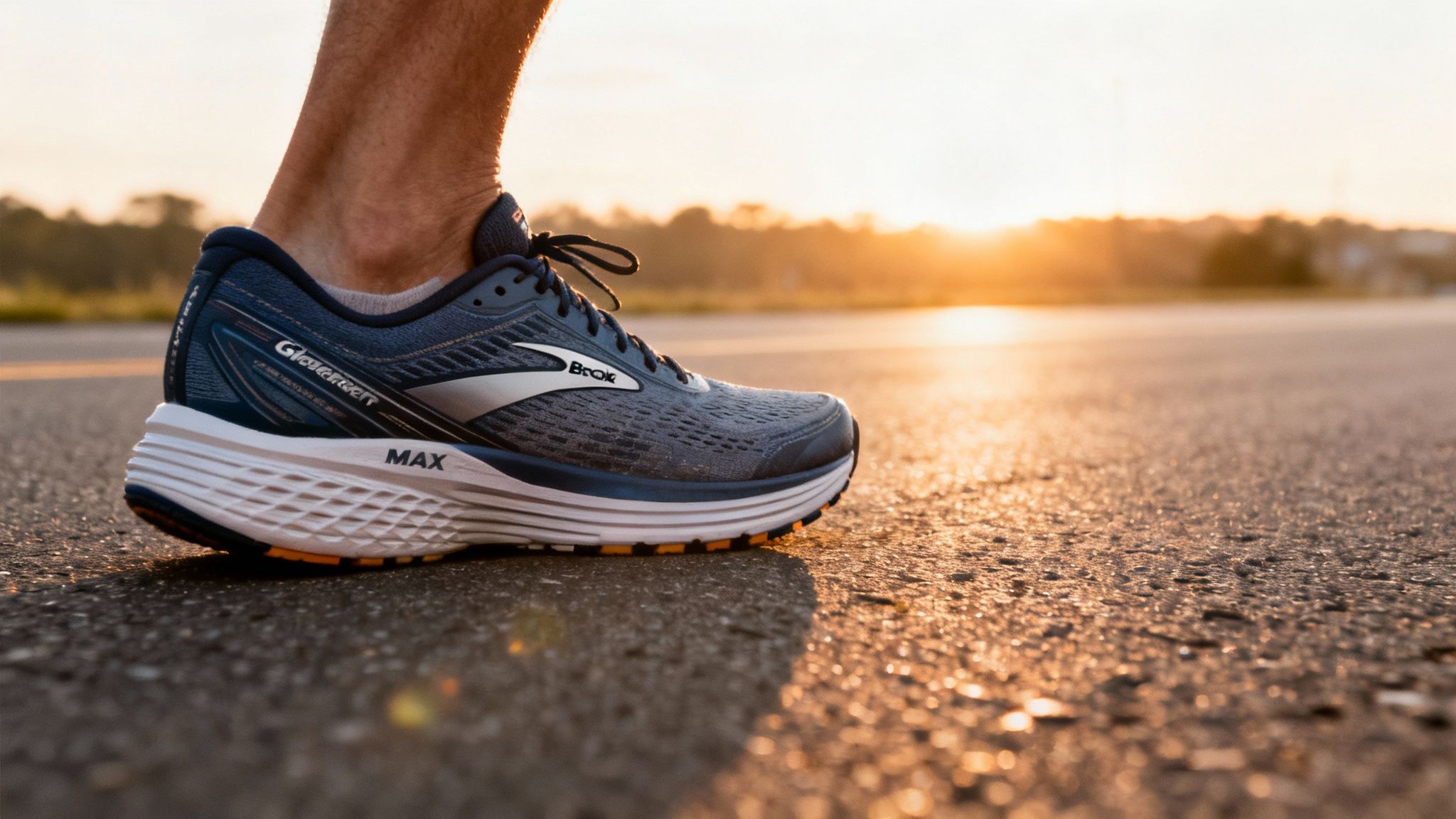 Runner's shoe on asphalt at sunrise, highlighting "Brooks" and "MAX" text. Warm lighting creates a peaceful morning mood.