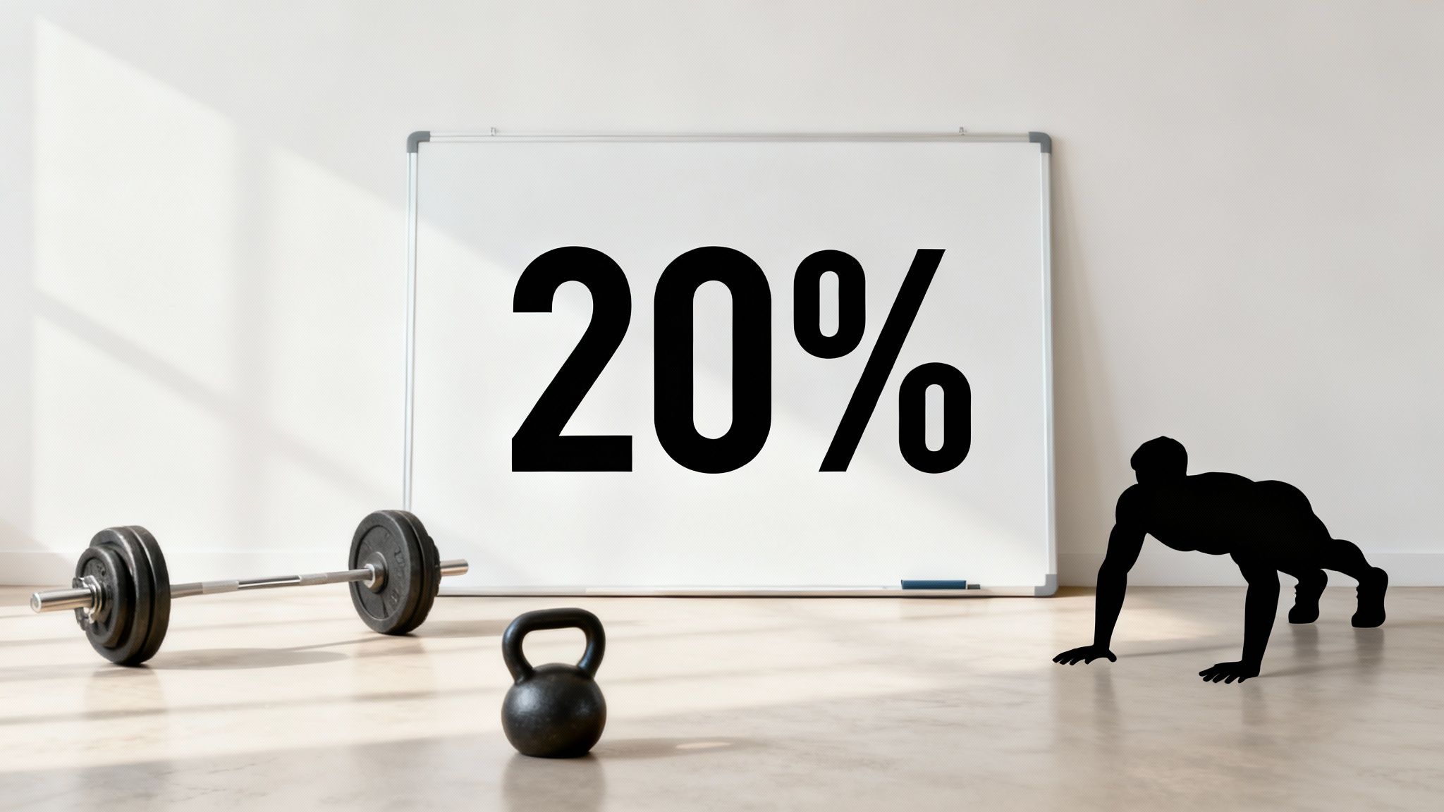 Weights and kettlebell on gym floor with a silhouette in push-up position. Large "20%" on whiteboard in bright, minimalist room.