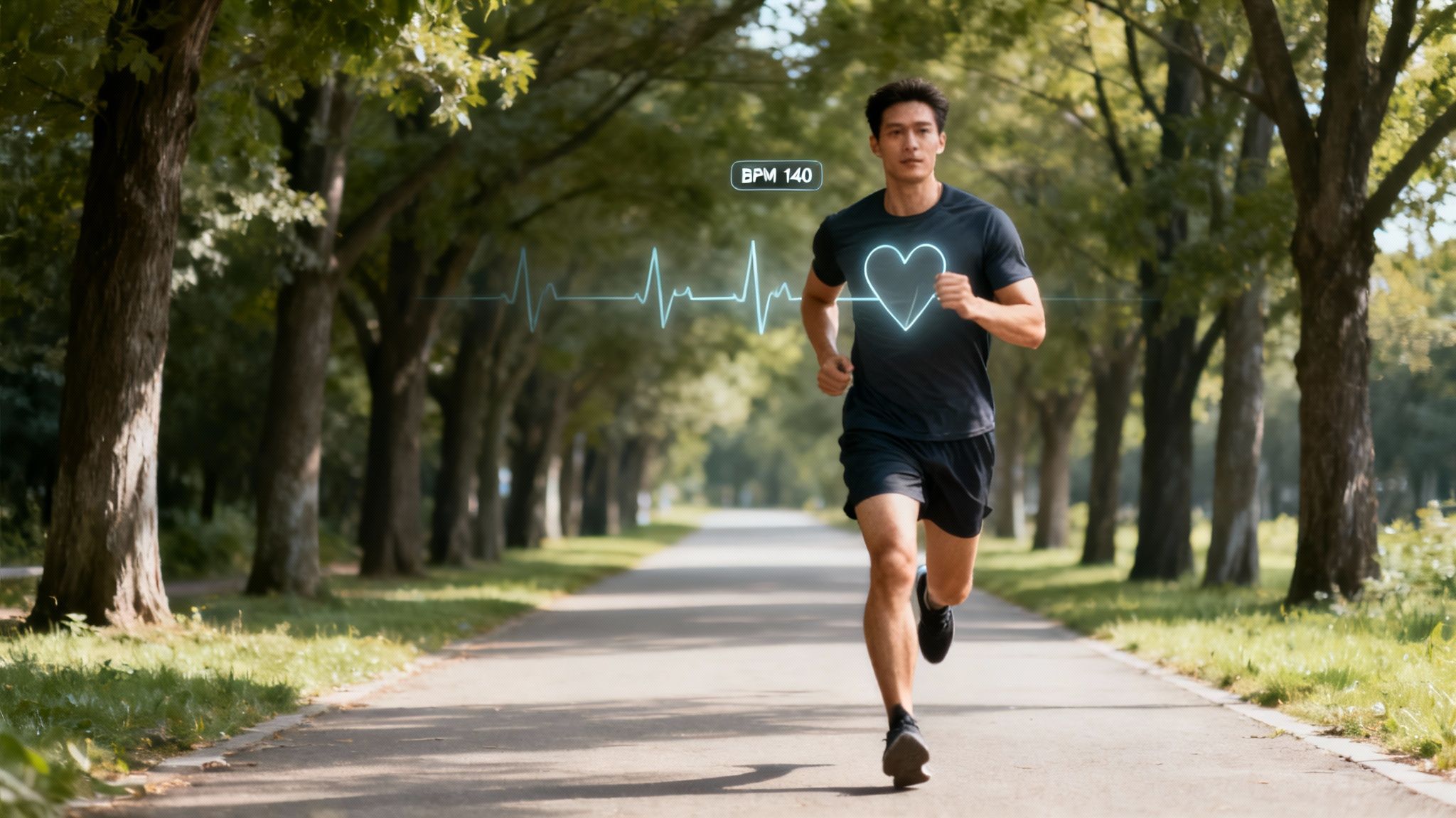 Man jogging on a tree-lined path with a heart rate display of 140 BPM. Sunlight filters through green leaves, creating a serene atmosphere.
