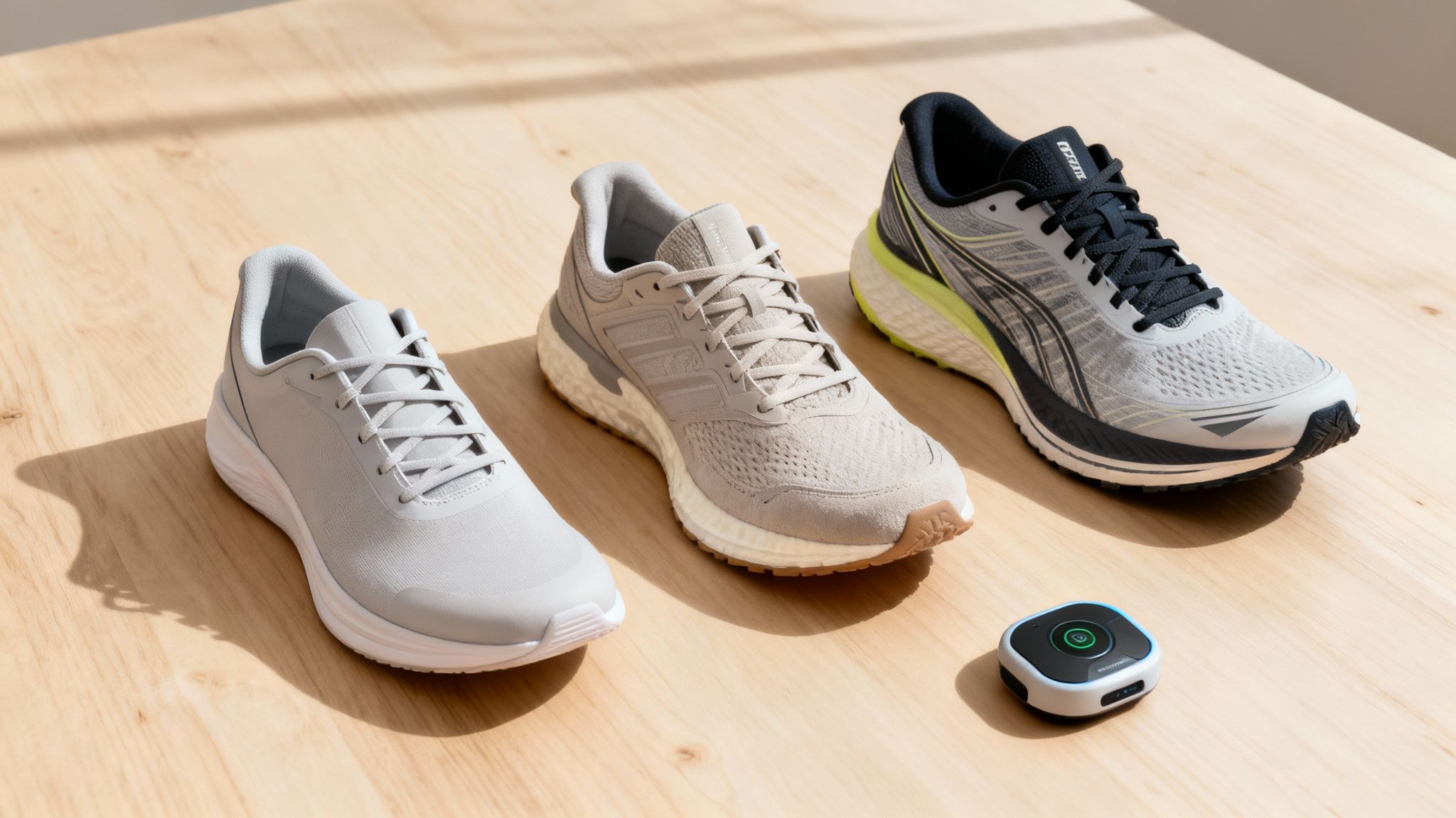 Three pairs of running shoes in different colors and a small fitness tracker on a wooden surface.