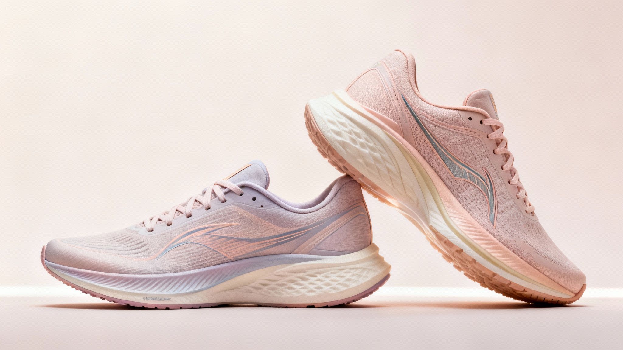 Pair of modern athletic running shoes in soft pink and purple hues on a light background.