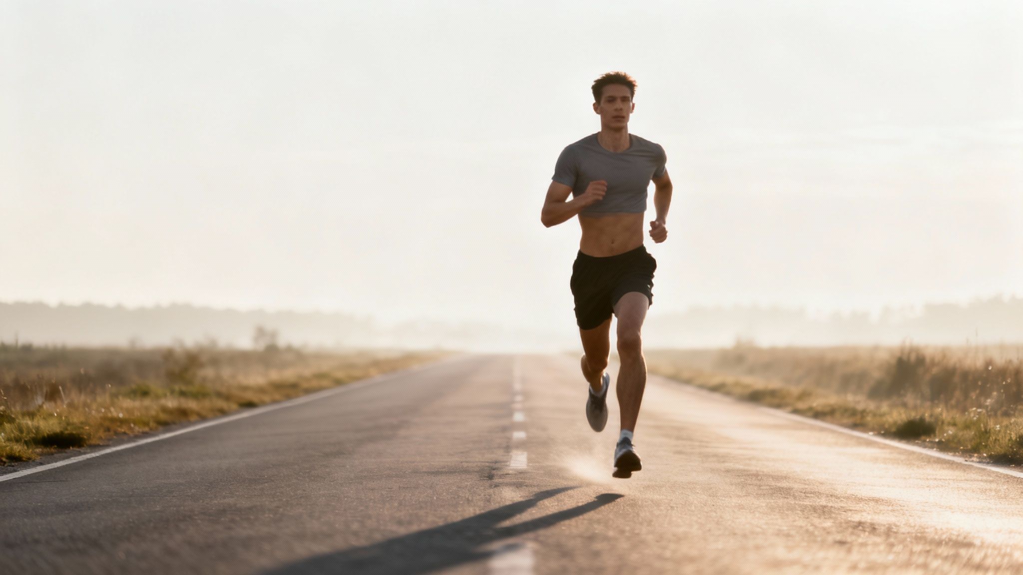 A female runner stretching her core on a yoga mat with a cityscape in the background.