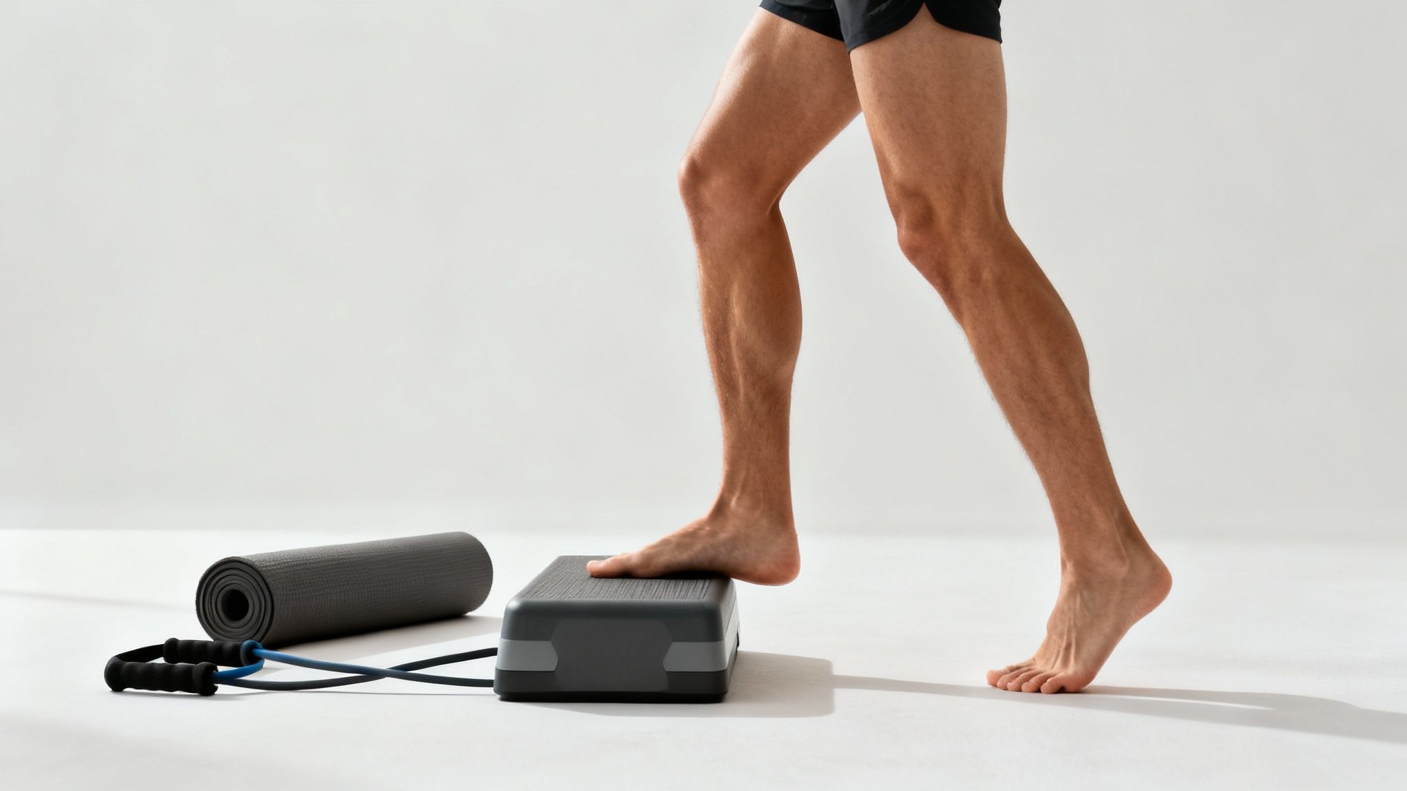 A runner performs a calf stretch against an outdoor wall.