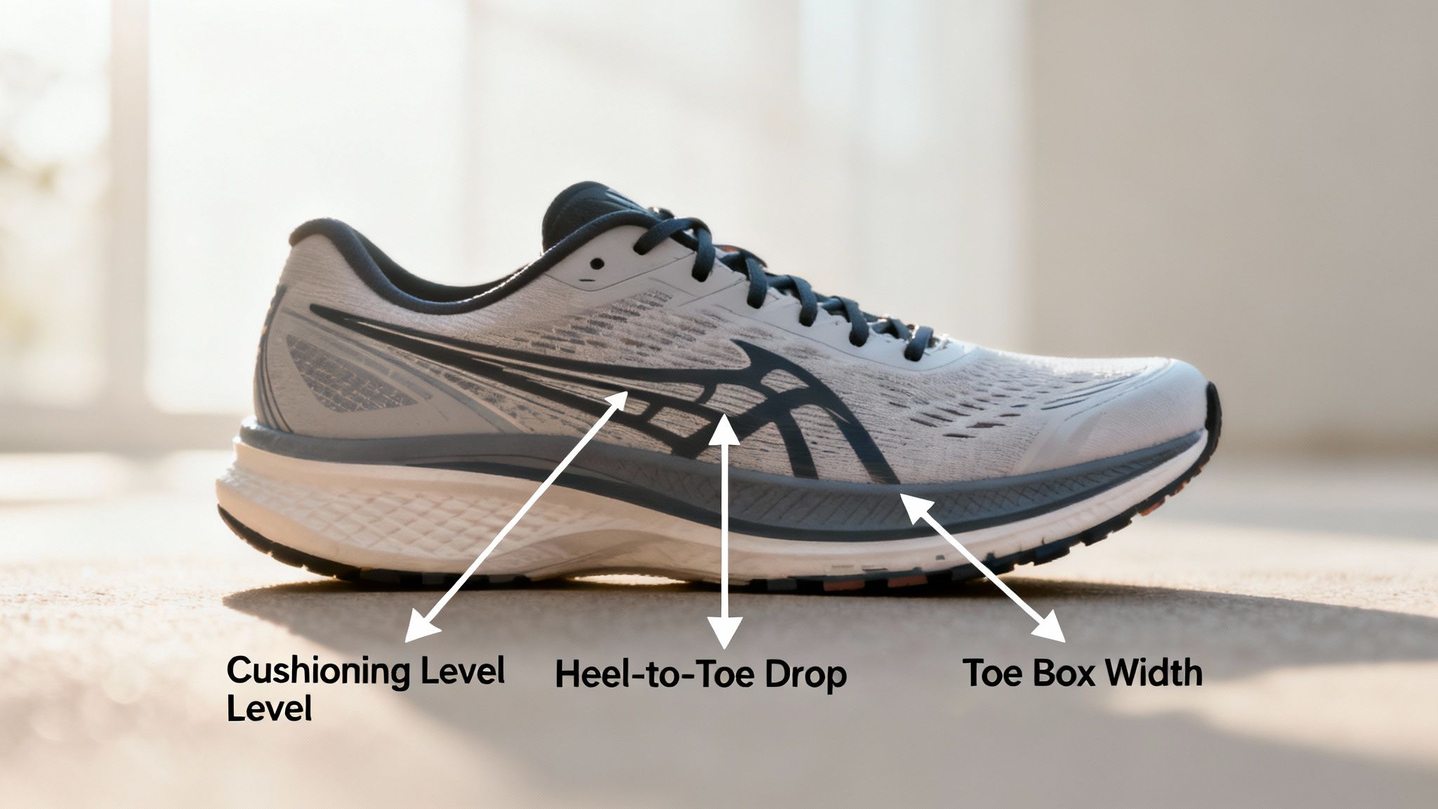 Gray and blue running shoe on a sunlit floor with arrows pointing to cushioning level, heel-to-toe drop, and toe box width.
