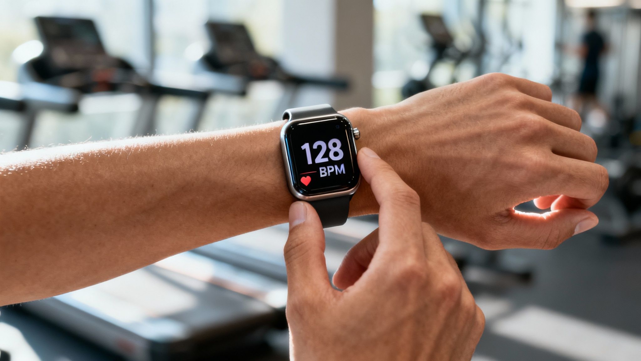 Person checking smartwatch showing 128 BPM in a gym setting. Background includes blurred treadmills. Mood is focused.