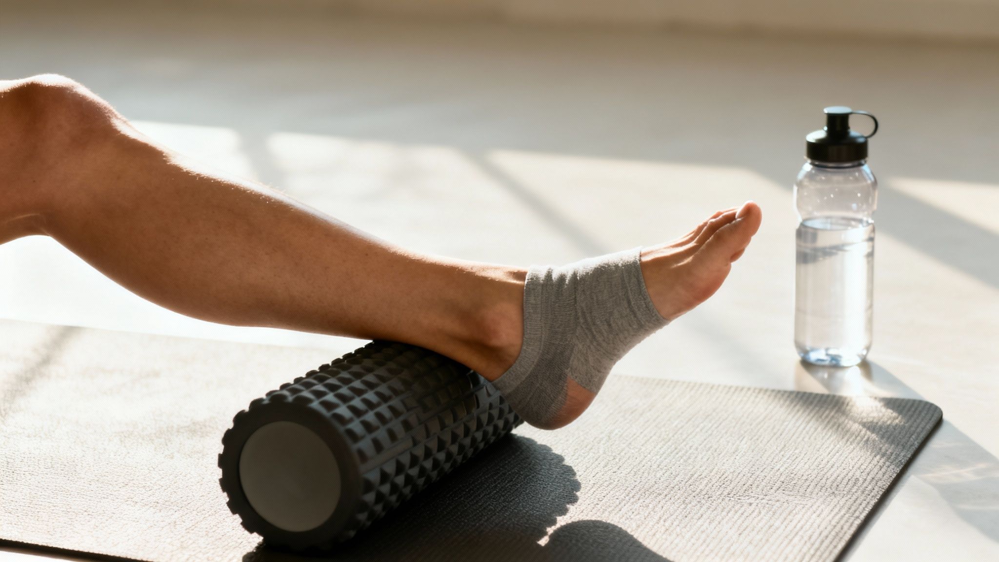 Person's leg rolling calf on a textured black foam roller on a yoga mat, with a clear water bottle.