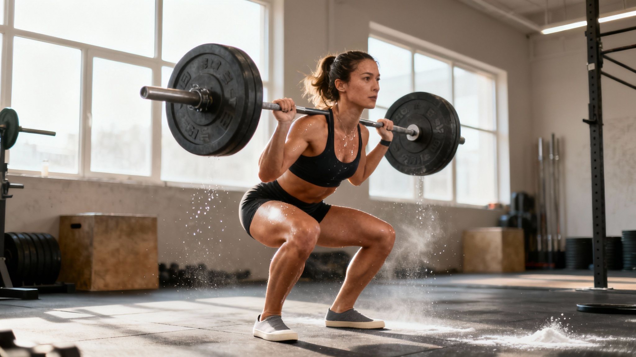 woman doing a weighted squat in the gym wearing black workout clothes