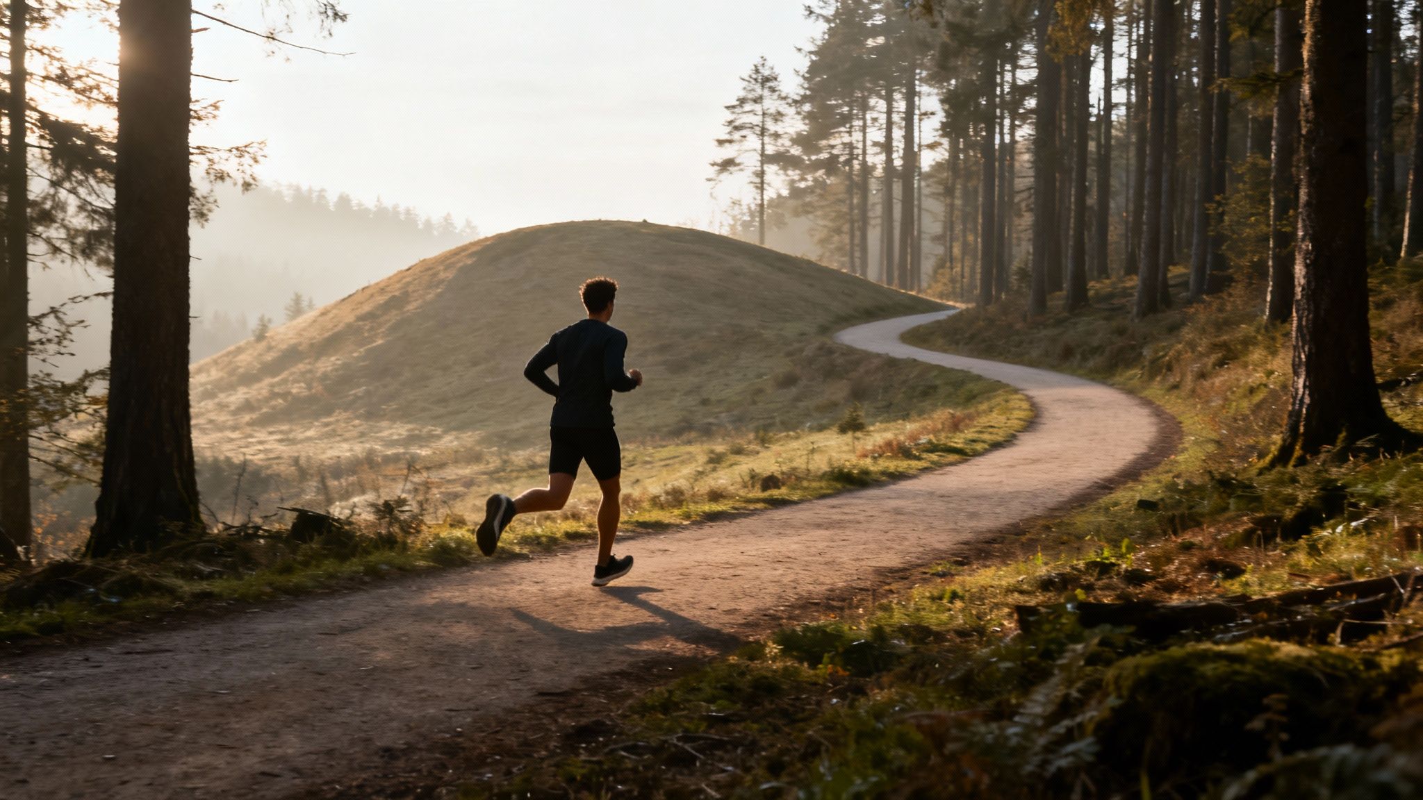 A man running on a winding trail through a sunny, misty forest with tall trees.