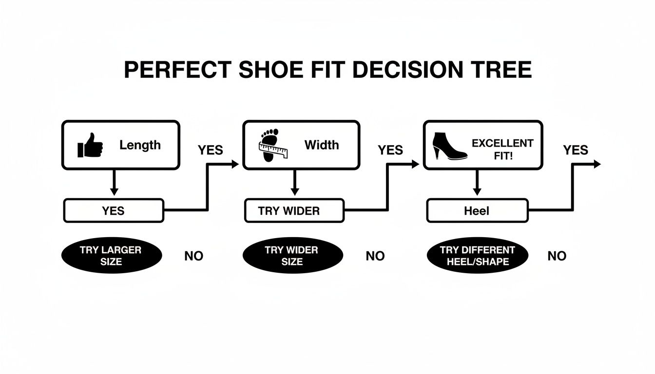 A decision tree flowchart illustrating the steps for achieving a perfect shoe fit, checking length, width, and heel.