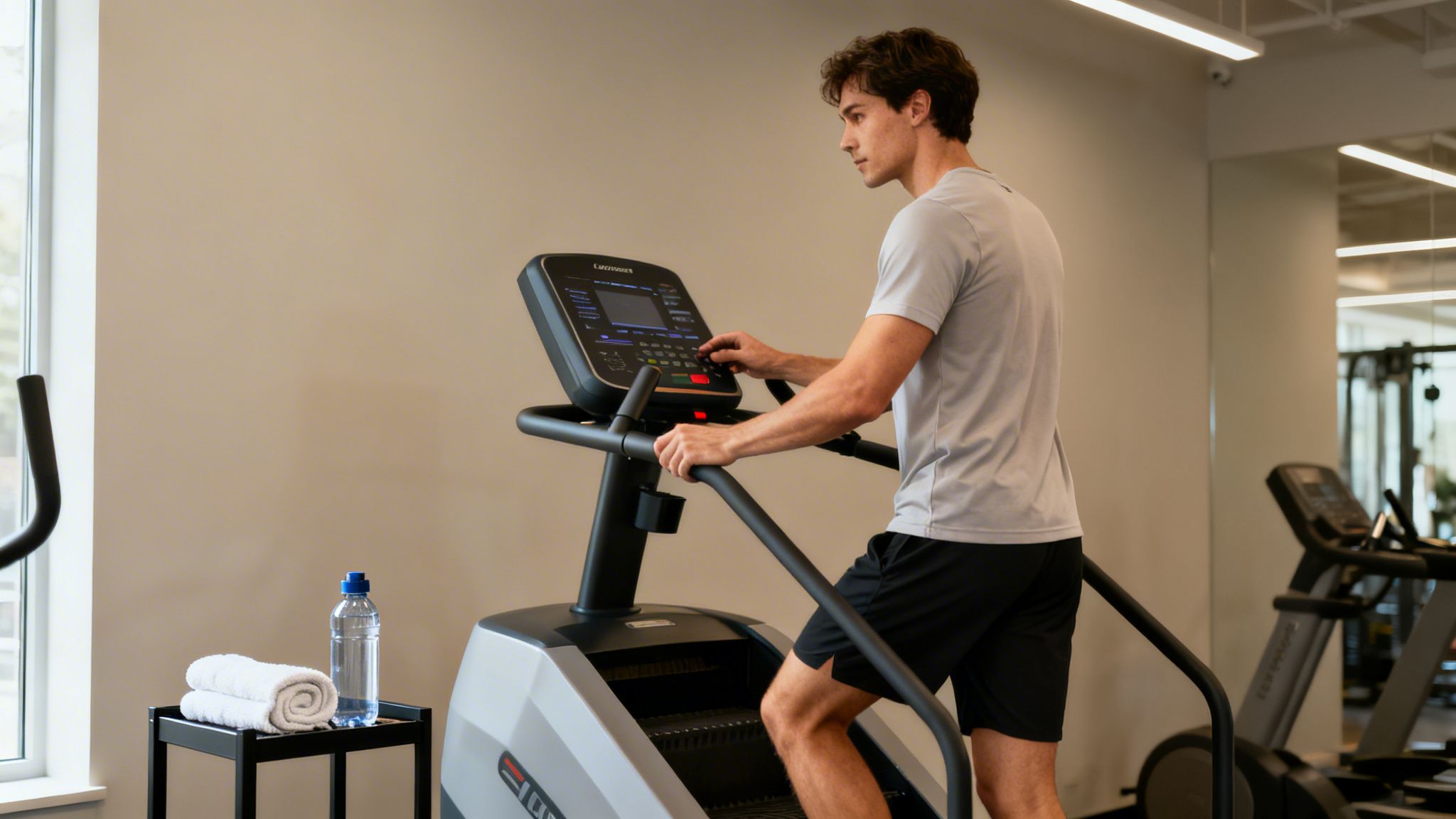A man works out on a stairmaster machine in a gym, adjusting the settings.