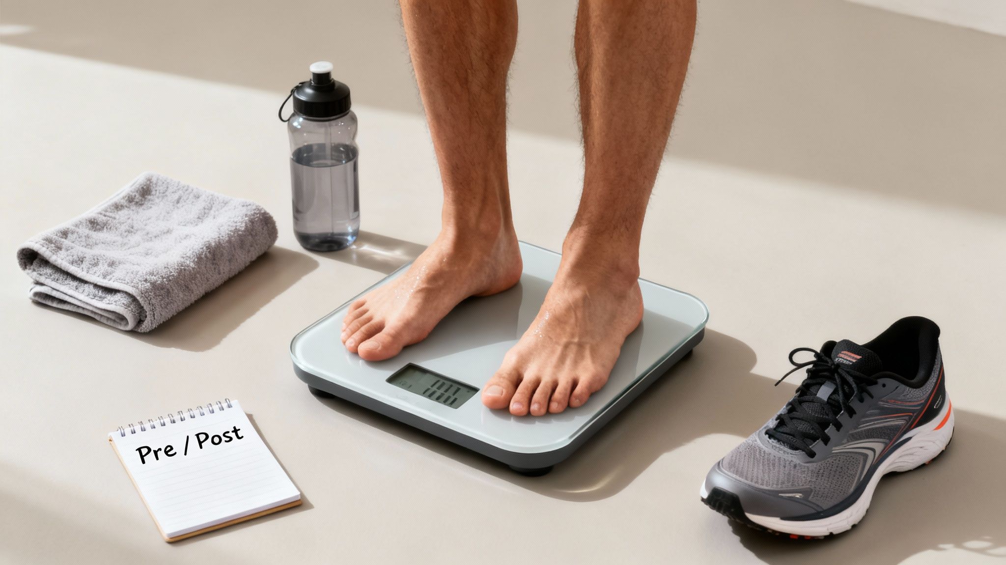 Bare feet stand on a digital bathroom scale next to a towel, water bottle, and a notebook.