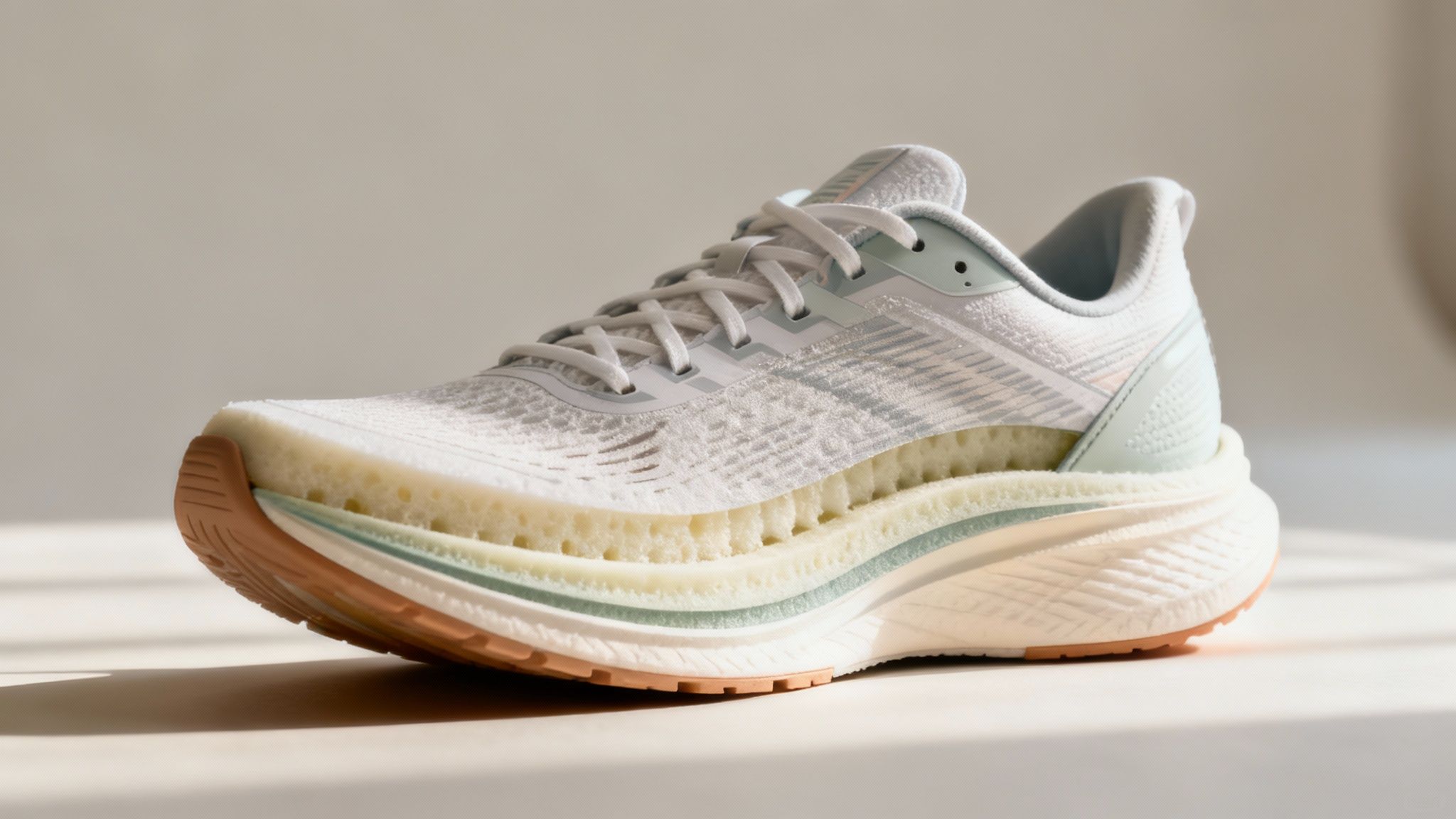 A white and pastel sneaker with a thick foam sole is placed on a light surface. Sunlight casts soft shadows, creating a fresh, airy mood.