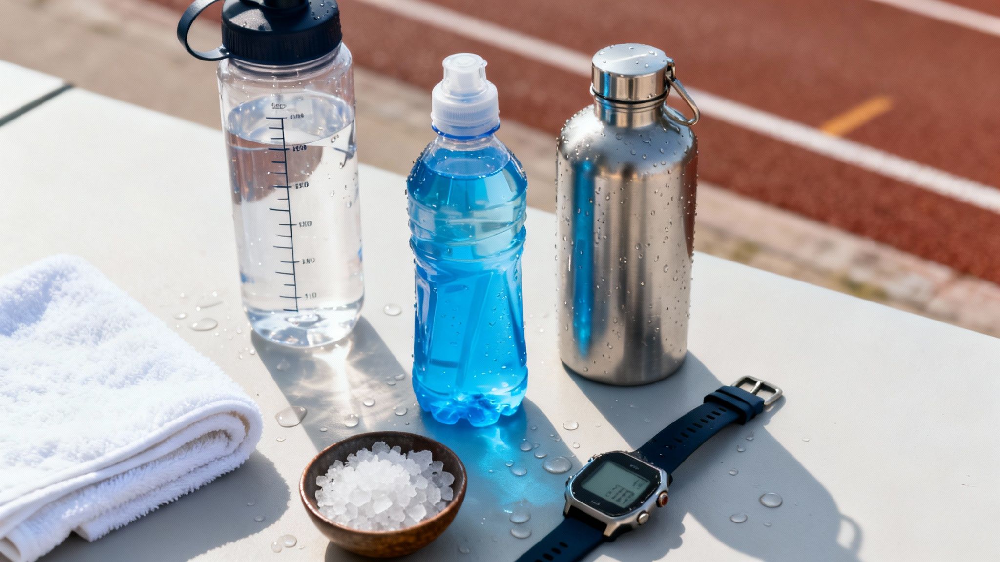 eye level shot of three different kinds of workout water bottles on a table next to some salt, towel, and a smart watch.
