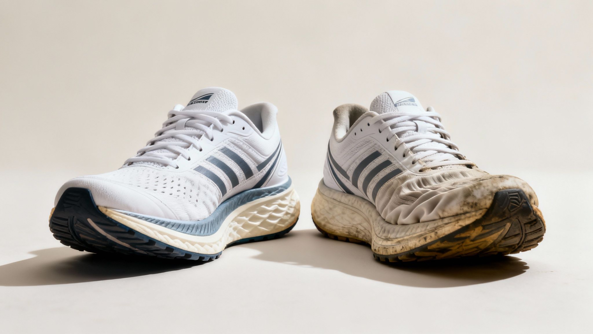 Two athletic shoes side by side, one new and clean, the other muddy and worn.