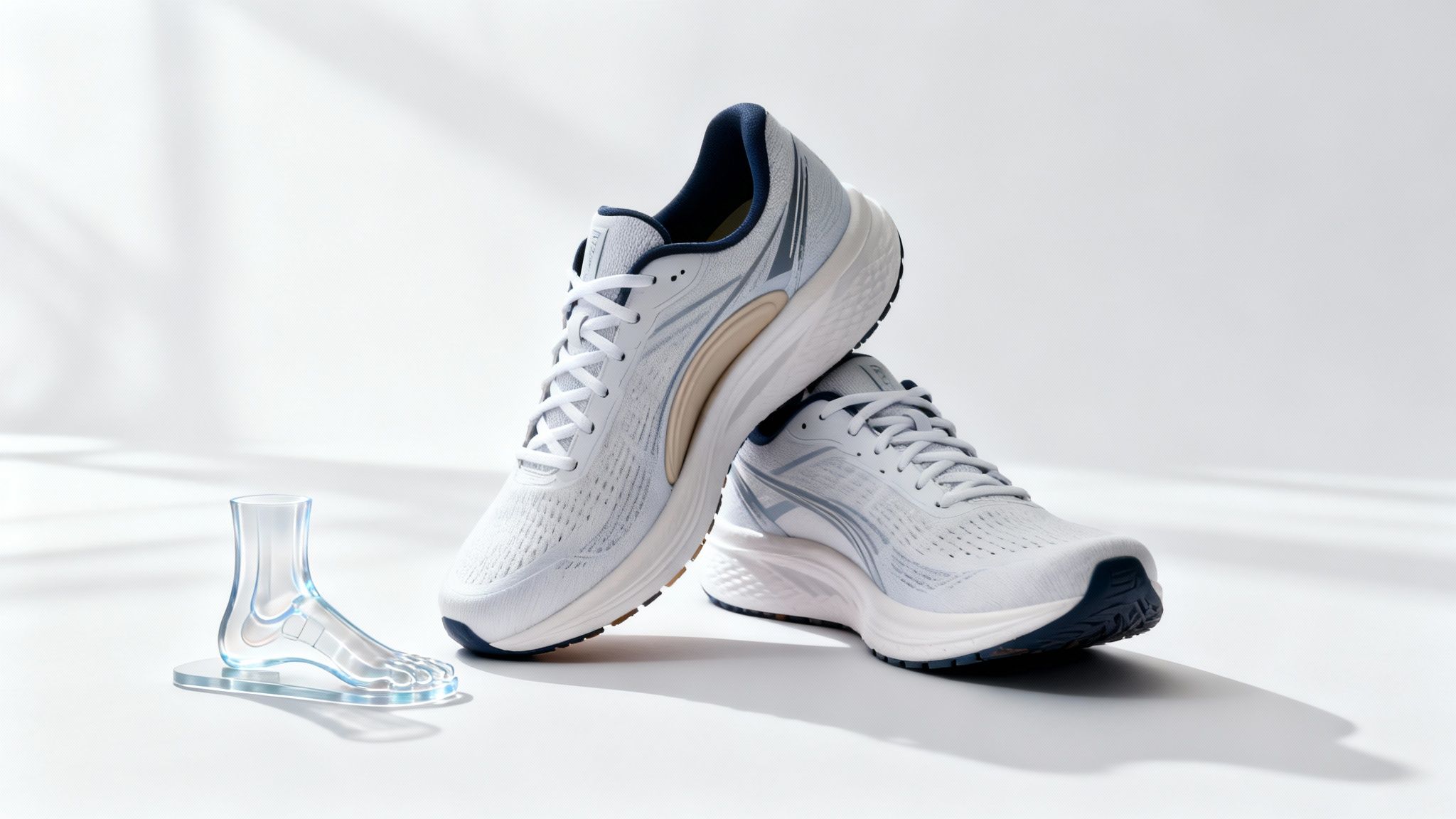 eye level pair of white athletic shoes on a white floor.