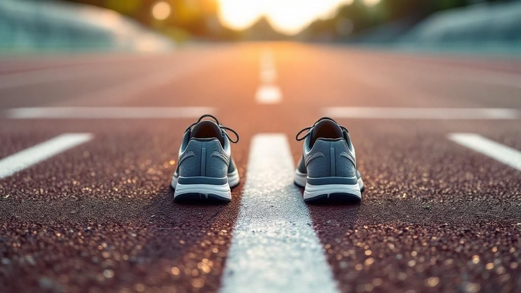 Gray running shoes on an empty track at sunrise, centered on the white starting line. Warm glow creates a peaceful, anticipatory mood.