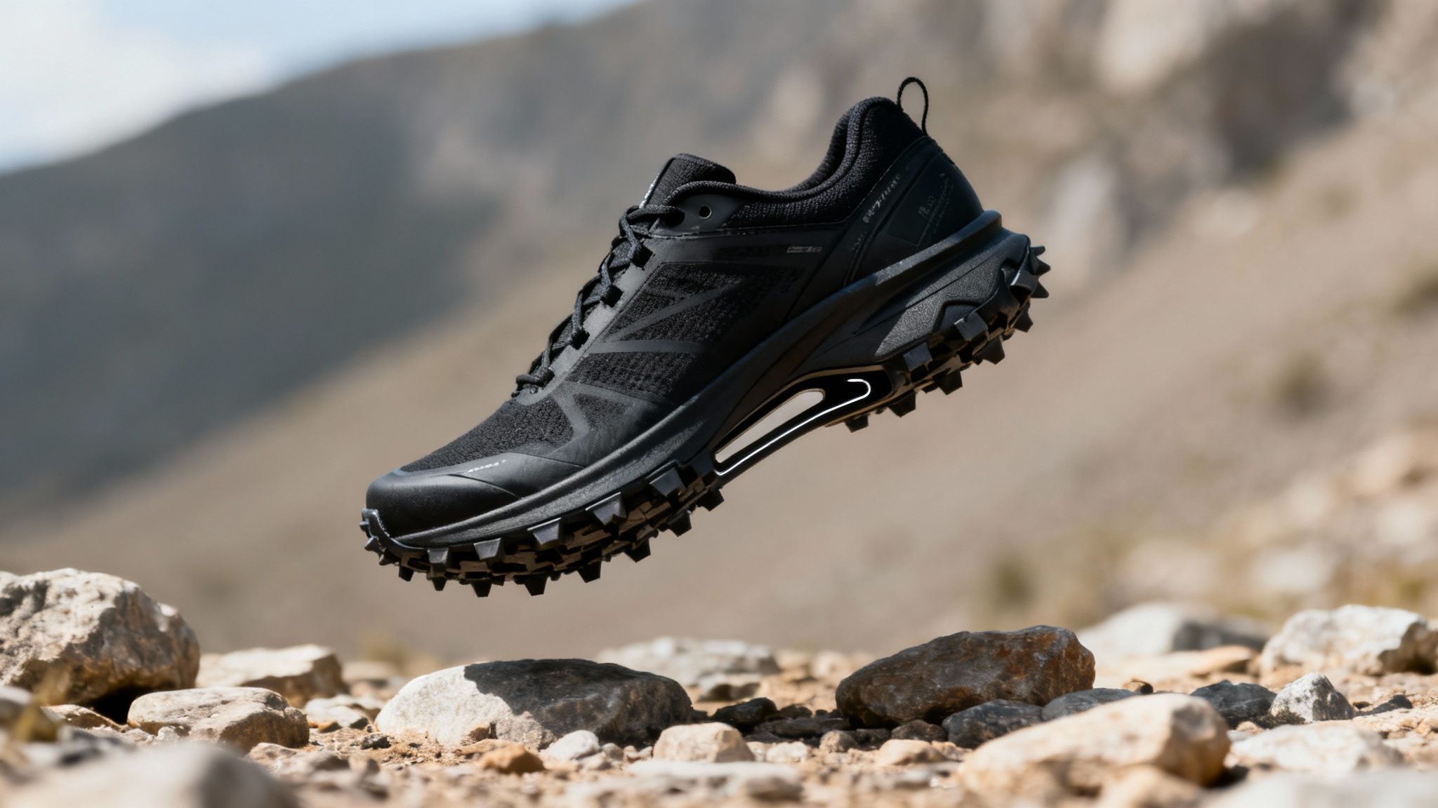 Black trail running shoe mid-air over rocky terrain, with rugged outsole; mountainous background, conveying a sense of adventure and motion.