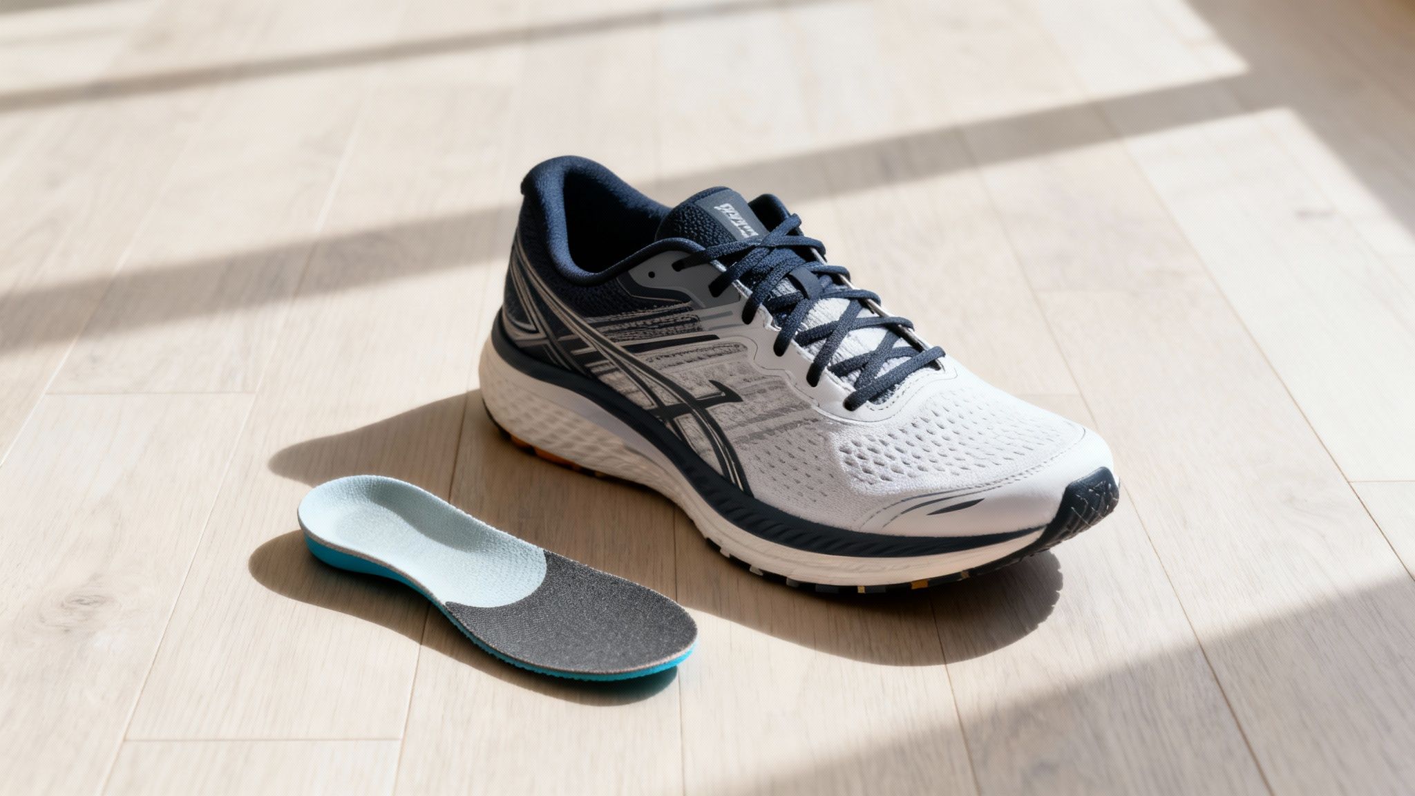 White and blue running shoe with a light blue orthotic insole on a sunlit wooden floor.