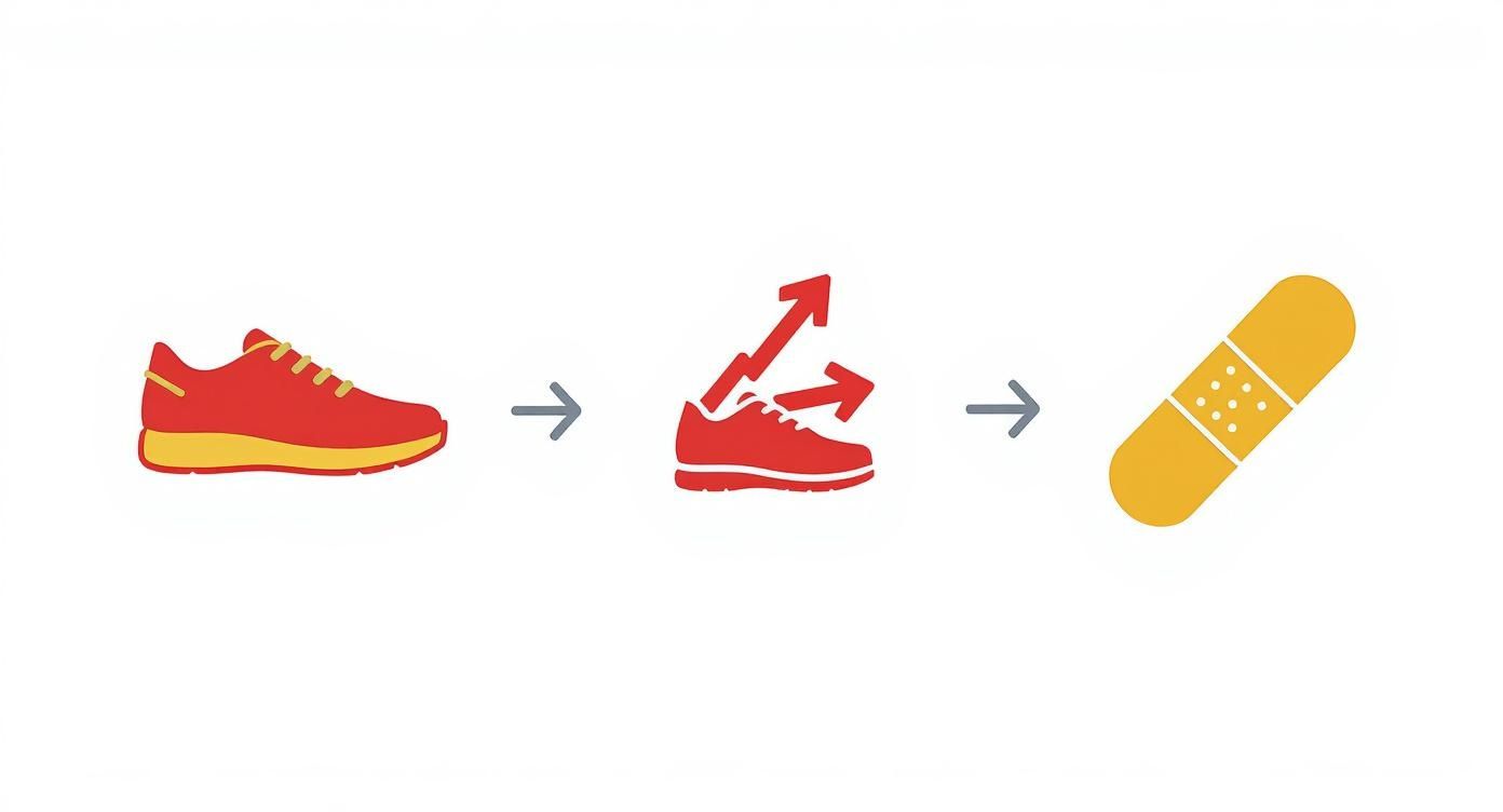 Infographic showing how a wide shoe leads to instability and then injury