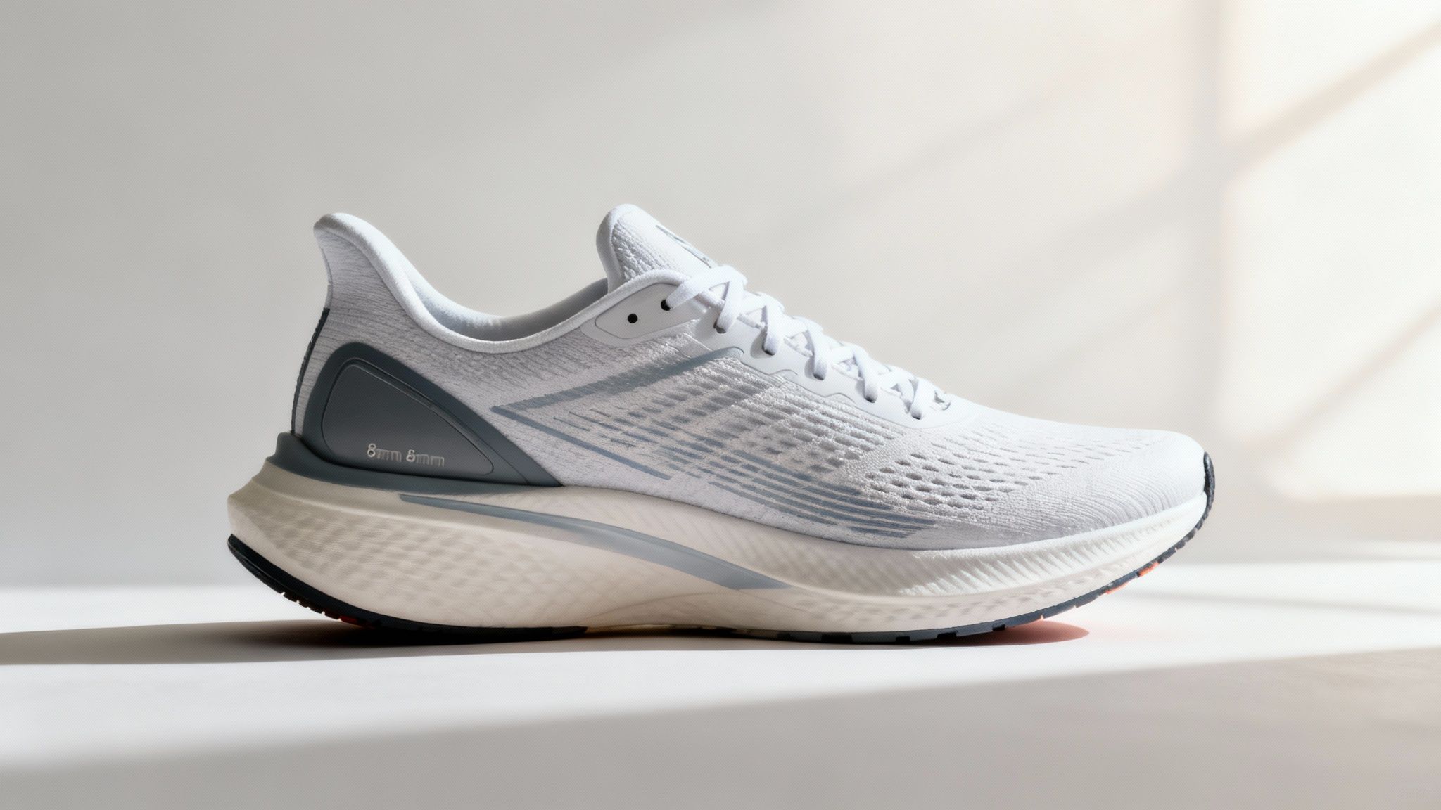 White running shoe with gray accents on a light background. Visible text "8mm 6mm" on the side. Soft shadows imply natural light.
