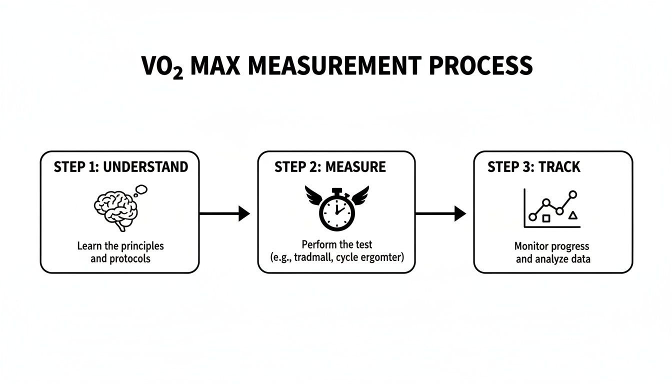 Flowchart illustrating the three-step VO2 Max measurement process: Understand, Measure, and Track progress.