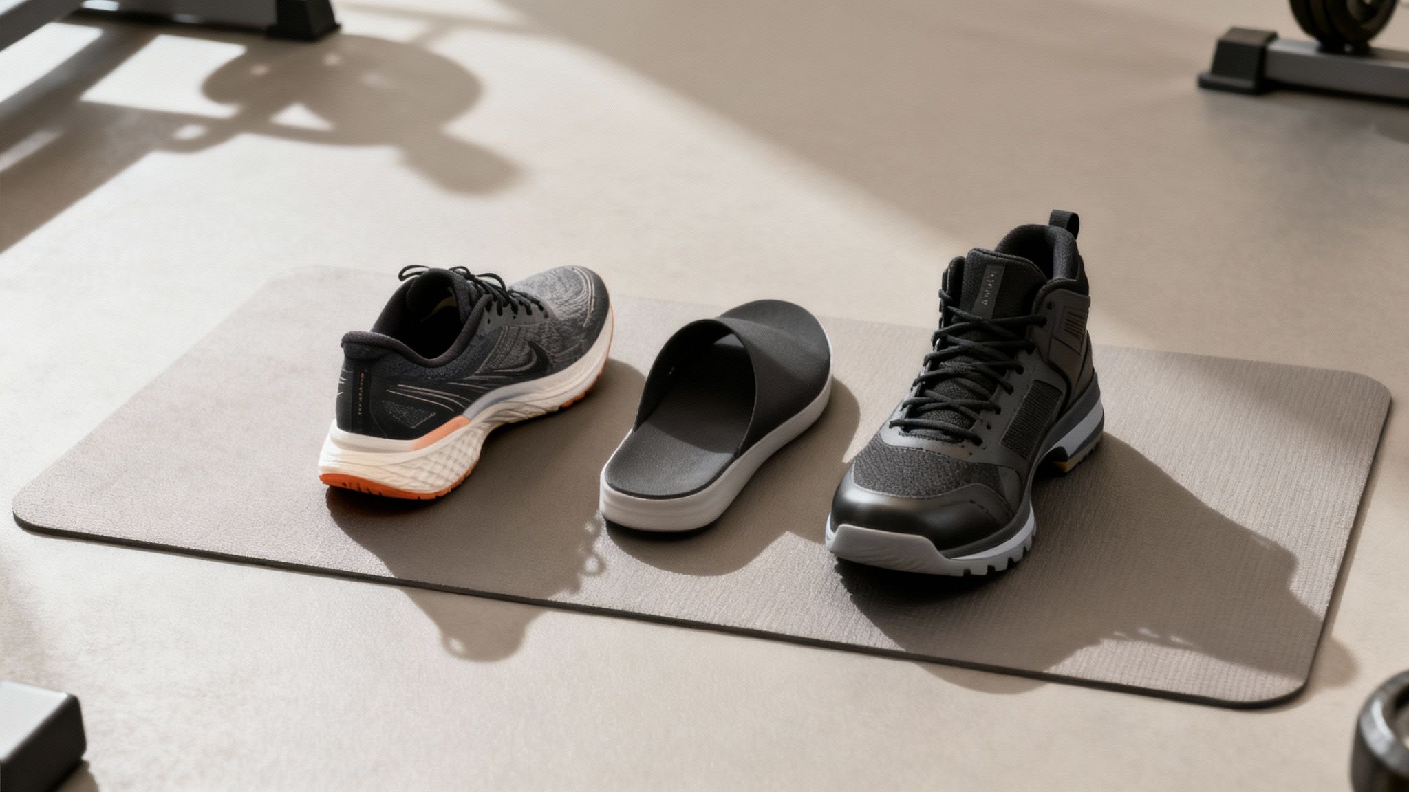 Three different types of footwear: running shoes, slippers, and high-top sneakers on an exercise mat.