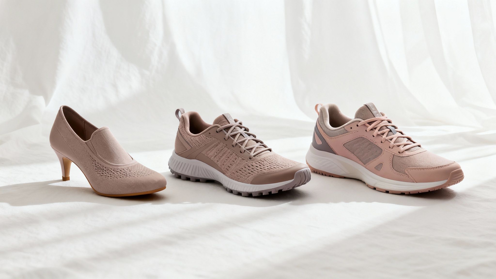 Three pairs of women's shoes: a high heel and two athletic sneakers in nude and pink tones.