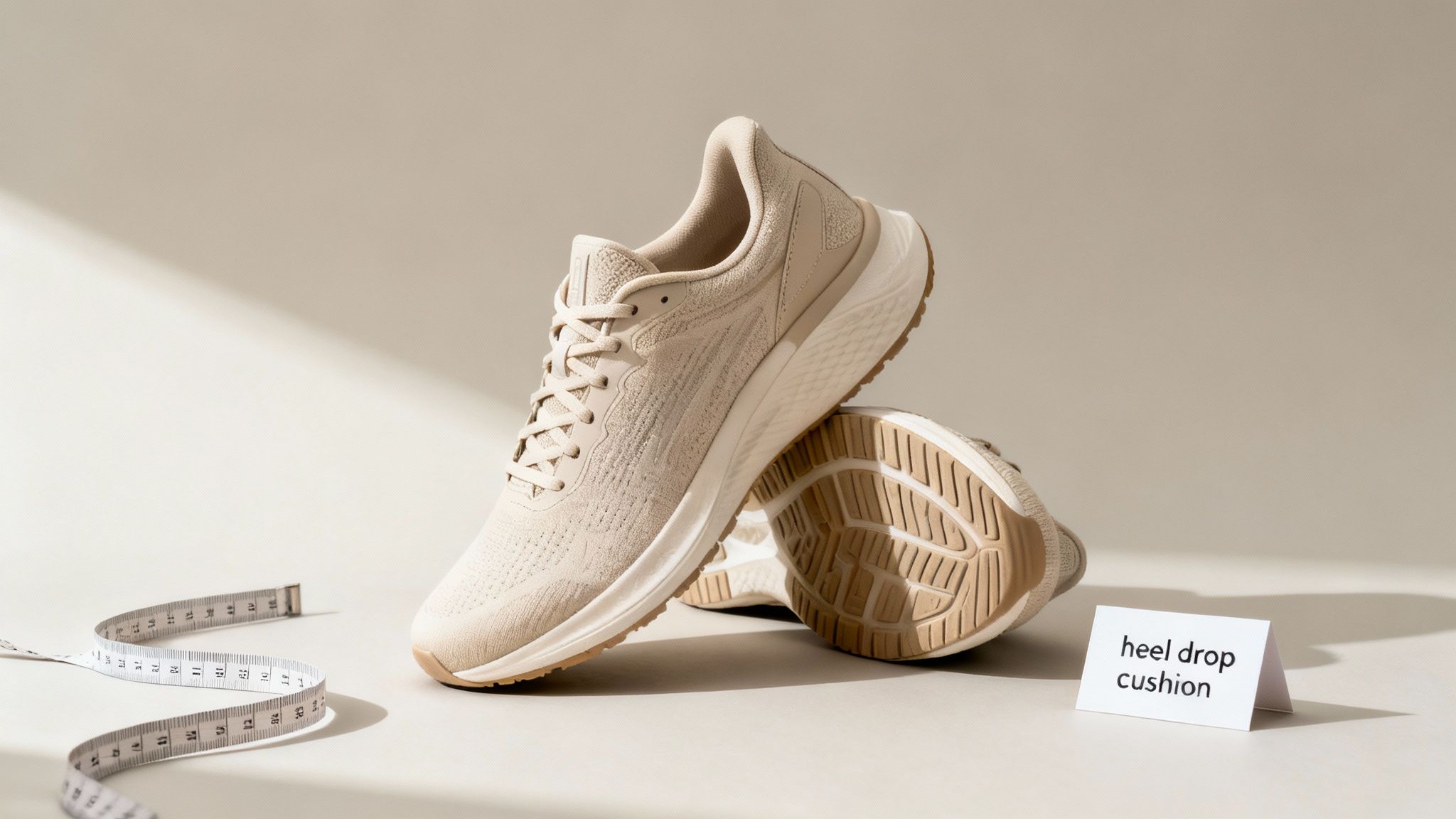 Pair of beige running shoes with a measuring tape and 'heel drop cushion' card, showcasing athletic footwear.