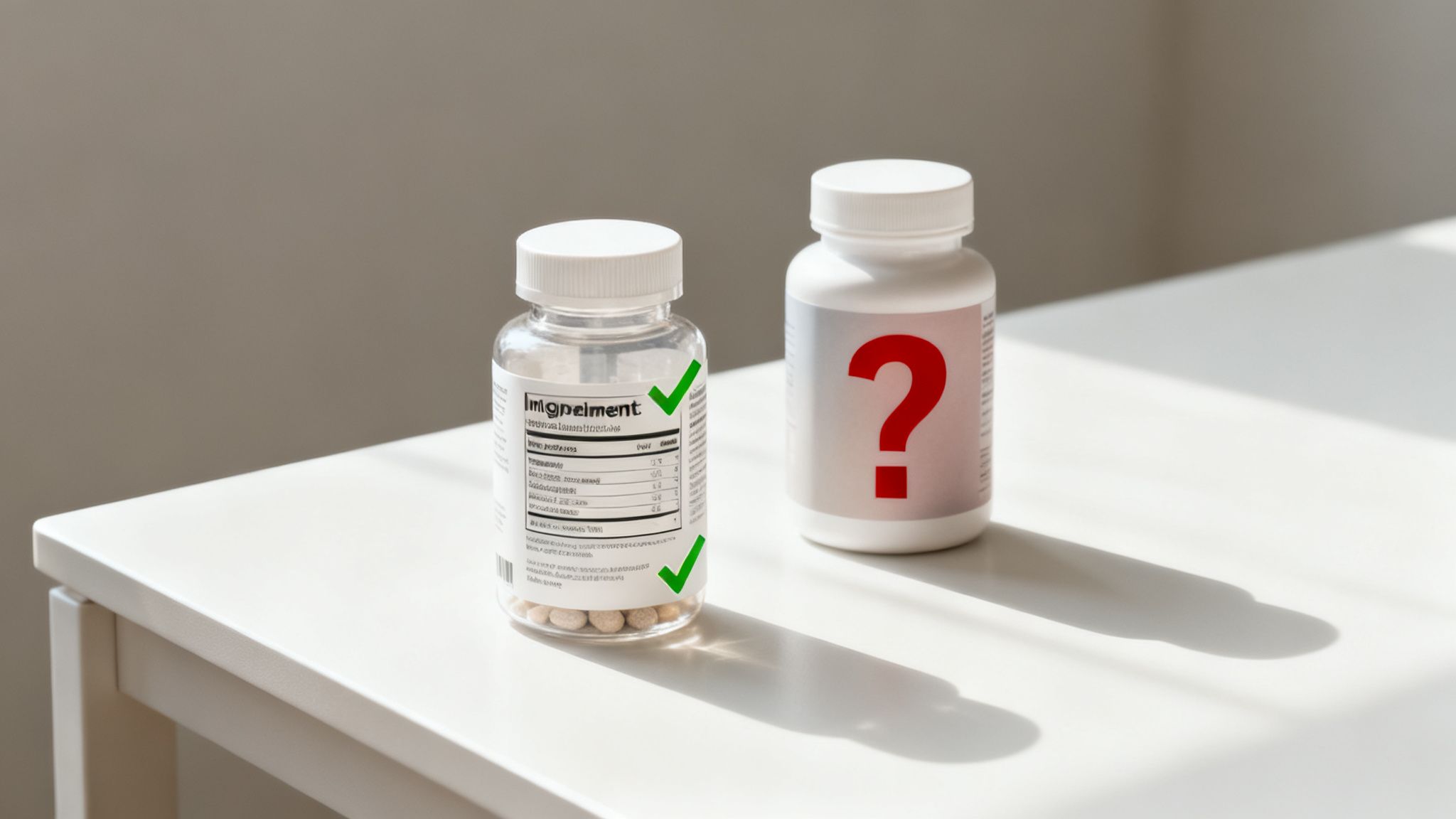 Two supplement bottles on a white table, one labeled, the other with a red question mark.
