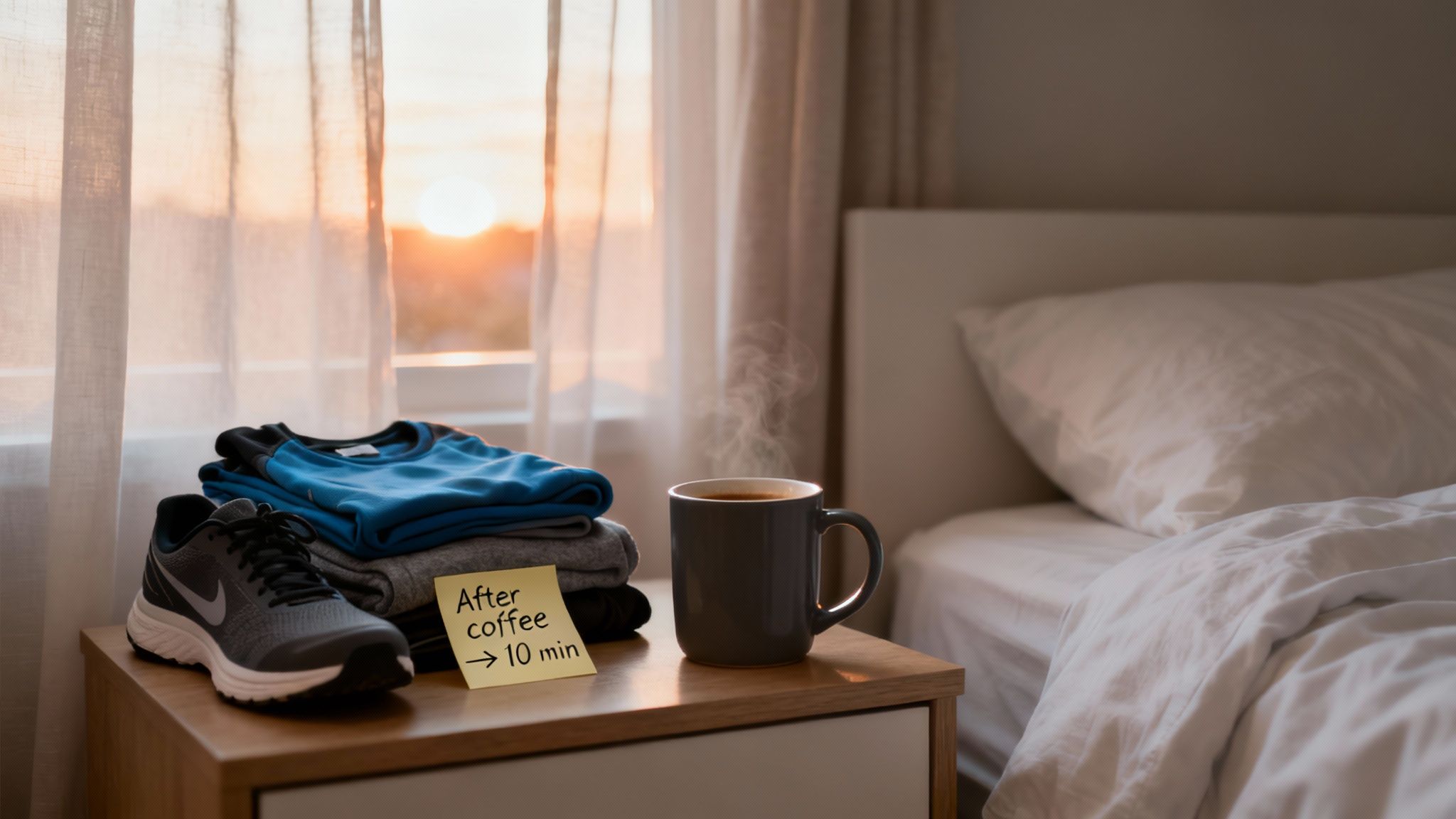 Running gear on a bedside table with a steaming coffee mug and sticky note reading "After coffee → 10 min" at sunrise. Cozy bedroom.