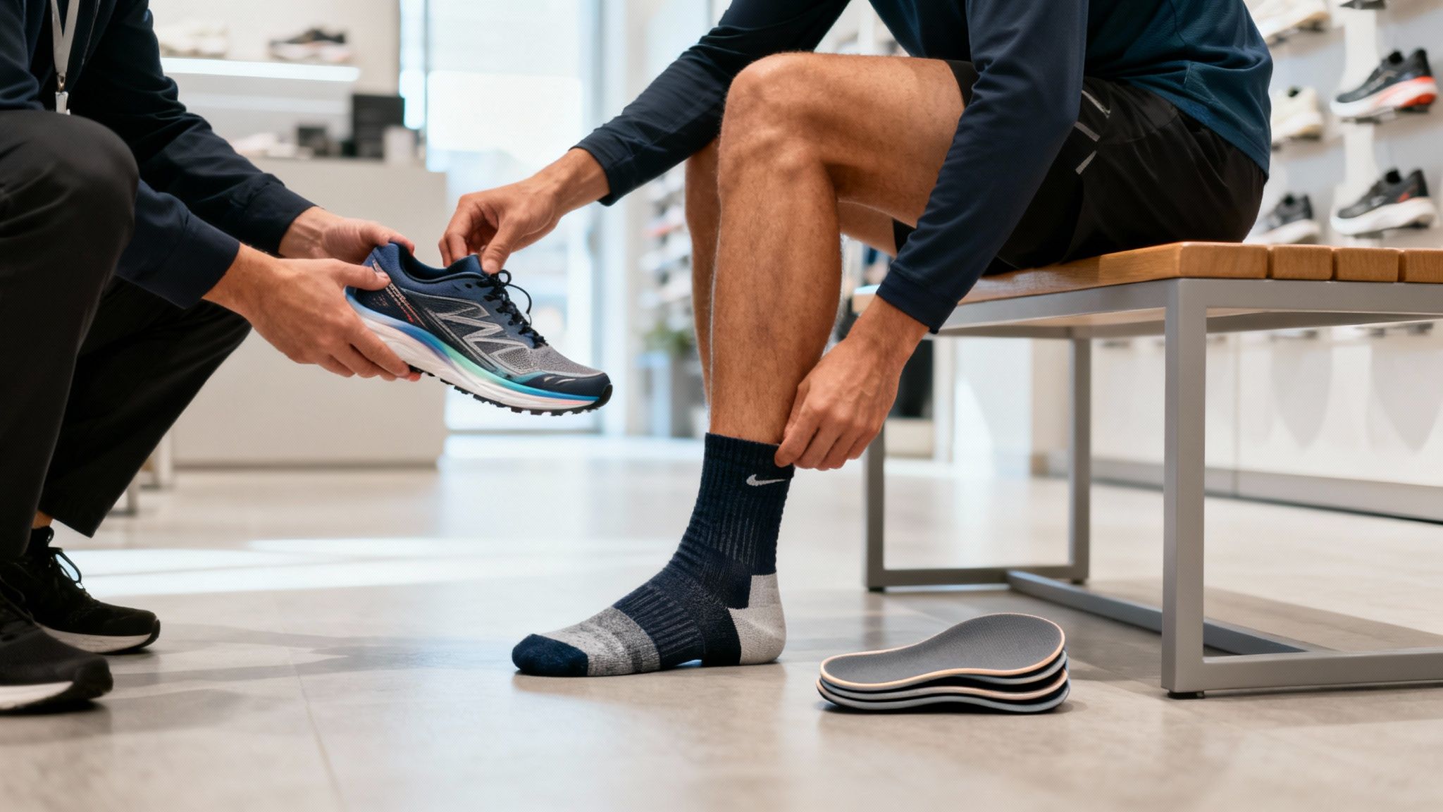 A store employee assists a customer trying on new blue running shoes and socks in a bright shoe store.