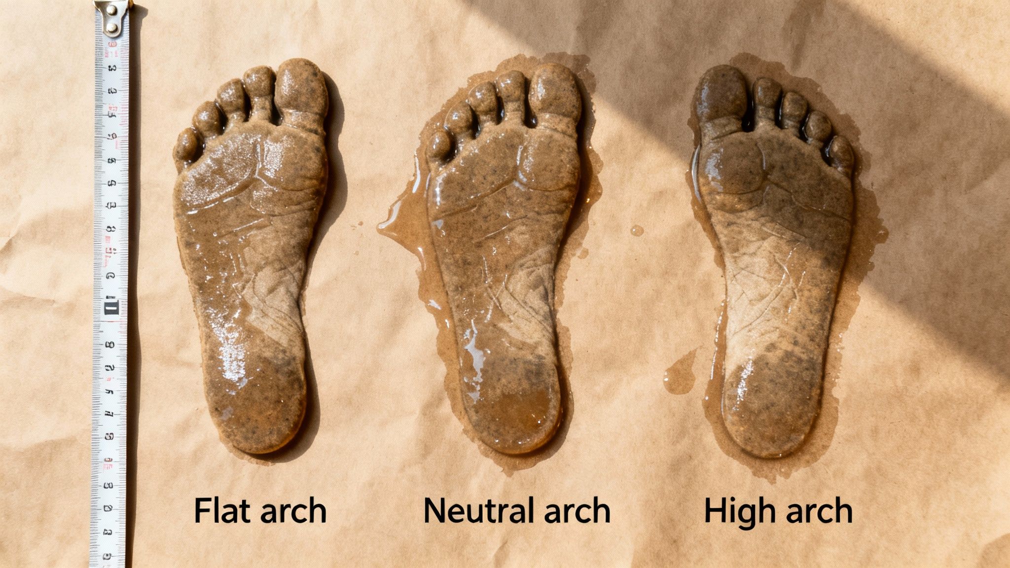 Wet footprints on paper illustrating flat, neutral, and high foot arch types with a measuring tape.