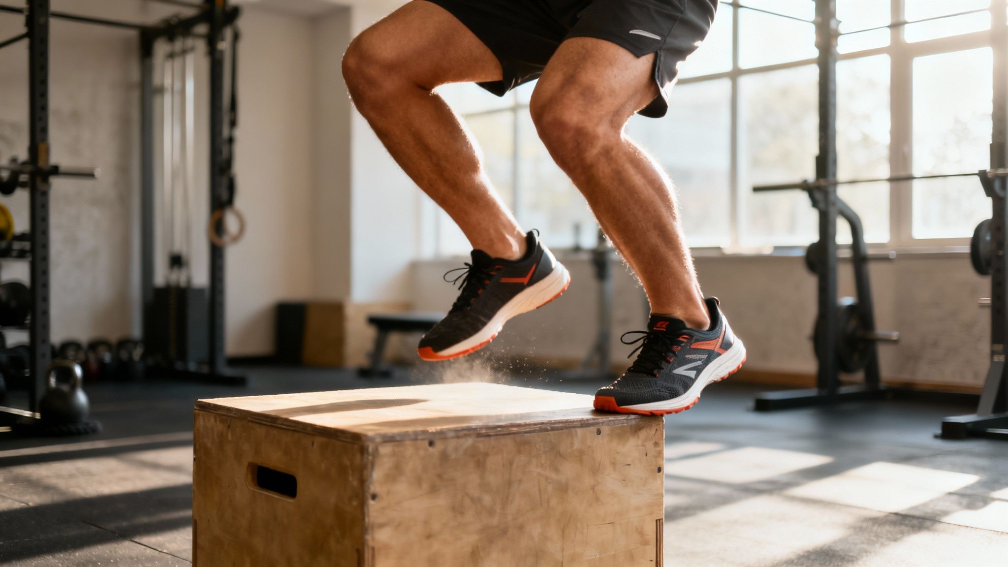 Man in gym performing a box jump in shorts and sneakers. Sunlit workout space with equipment in the background. Energetic mood.