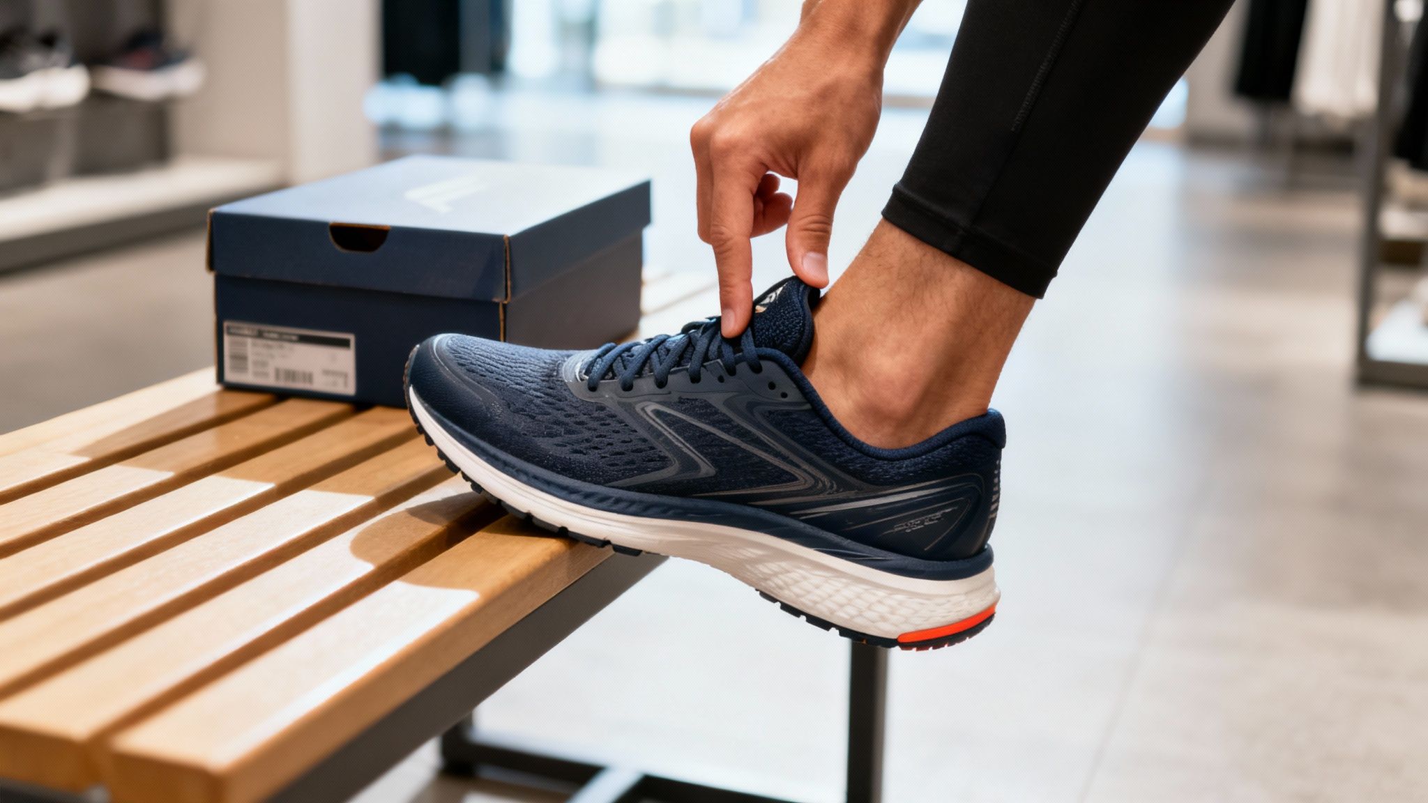 Two hands tying the laces of a colorful running shoe.
