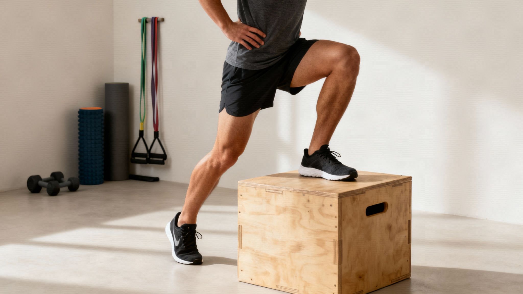 Man doing knee ups on a gym box in the gym