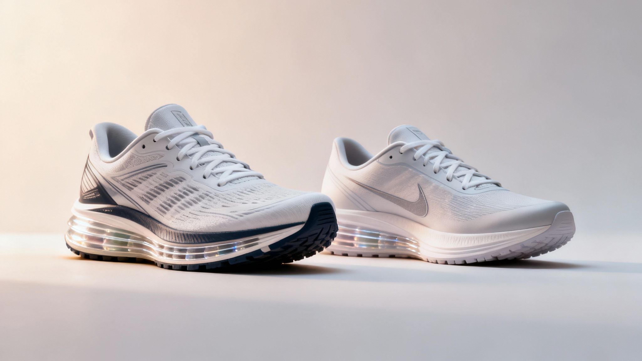 Two pairs of white running shoes with reflective soles displayed on a clean studio background.