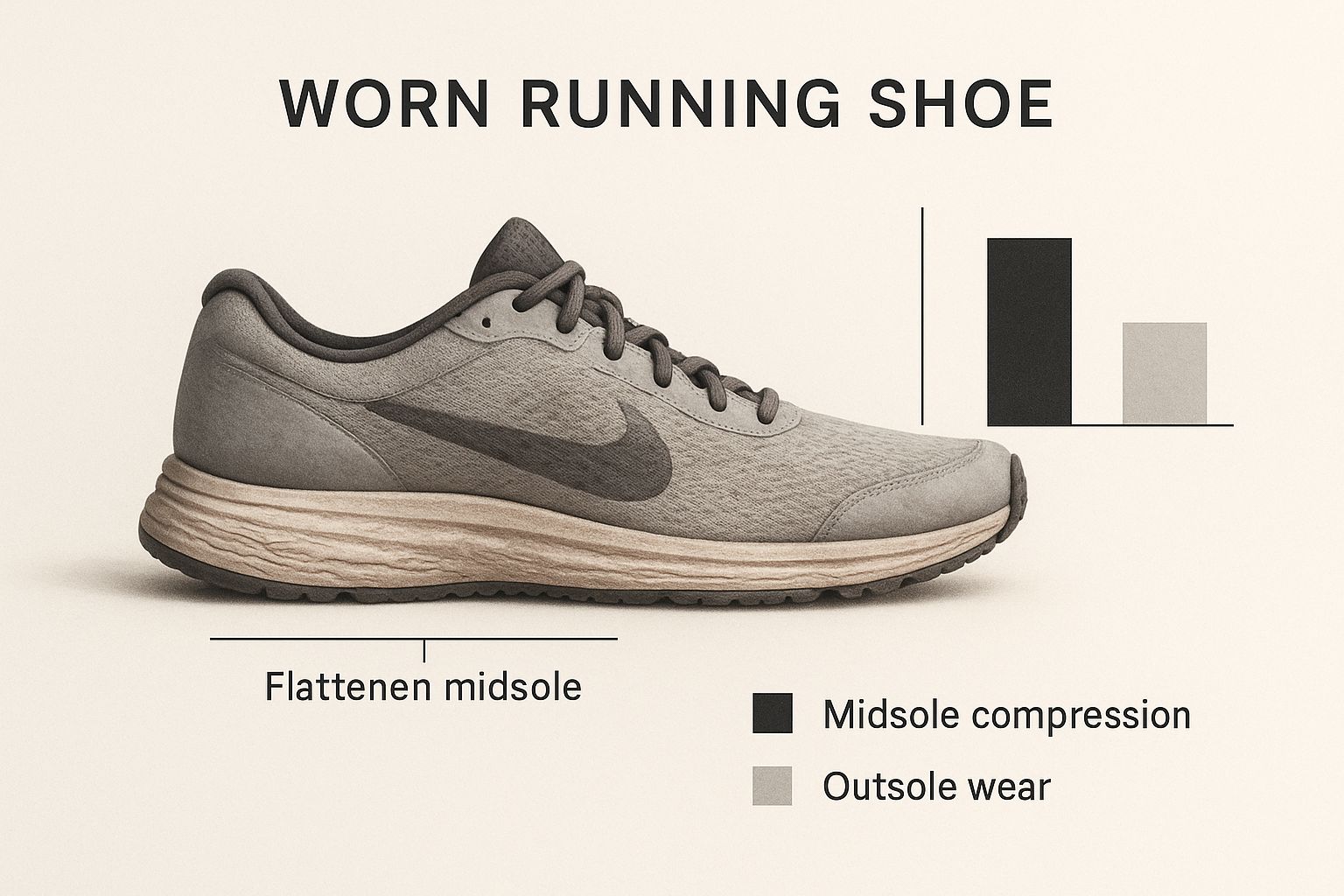 Gray running shoe with flattened midsole, graph showing midsole compression and outsole wear. Text: Worn Running Shoe. Neutral background.