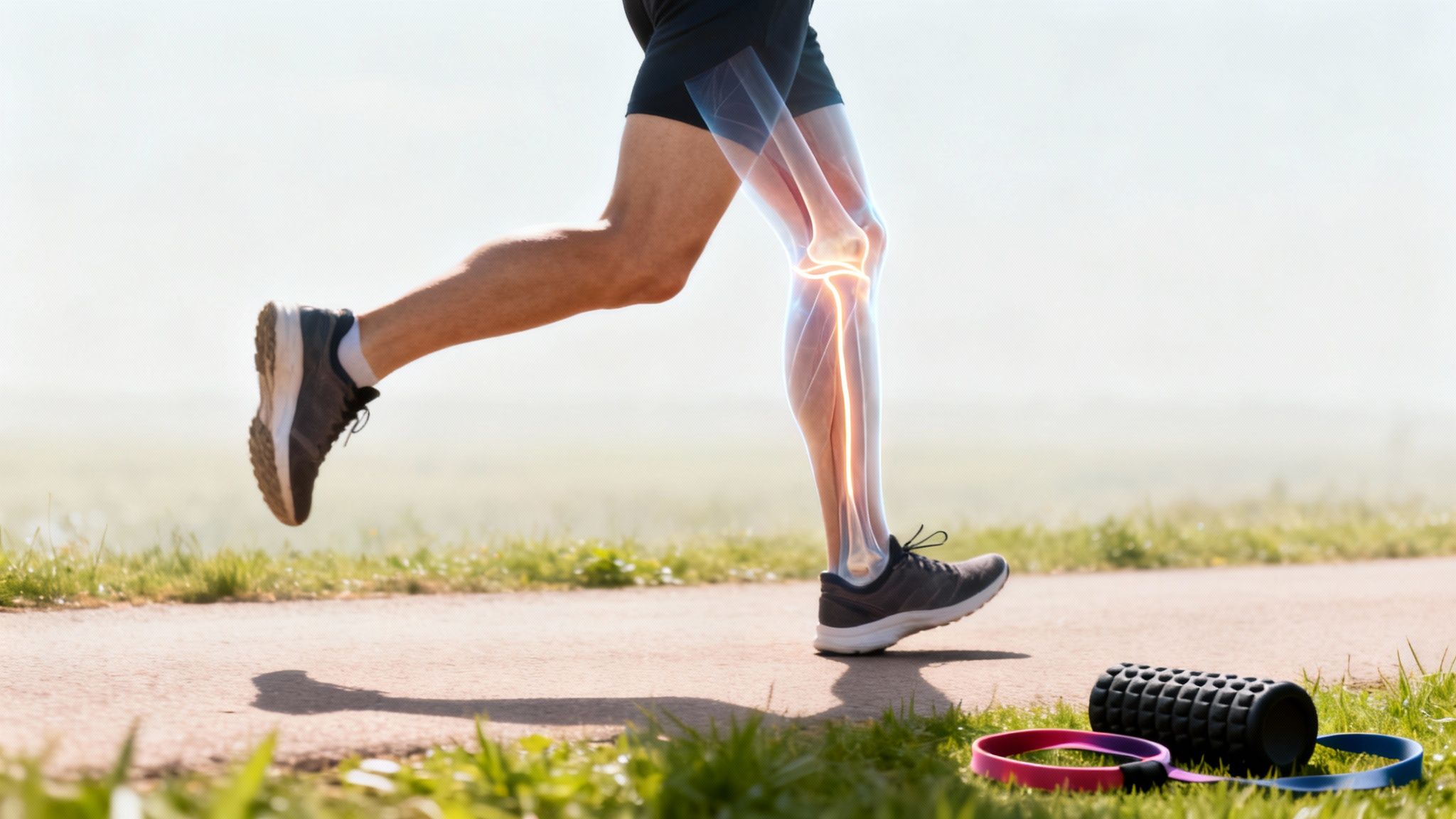 Runner on a path with an X-ray view of knee, foam roller, and resistance bands on grass. Bright, sunny background.