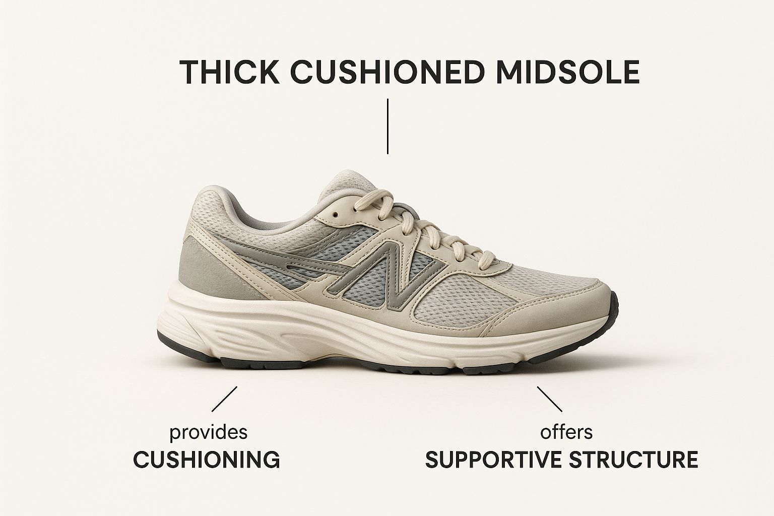 Beige sneaker with thick cushioned midsole, offers cushioning and supportive structure. Text highlights features on light background.