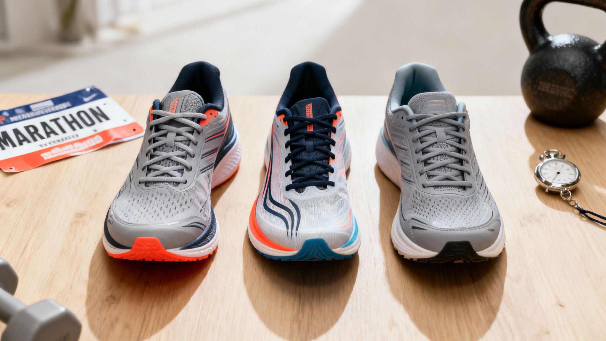 close up of three different types athletic shoes sitting on a table top face you along with a marathon sign, stop watch and kettlebell