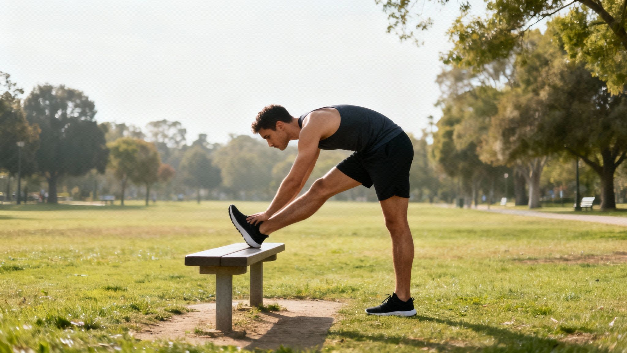 A fit man in athletic wear stretches his hamstrings using a park bench in a sunny park.