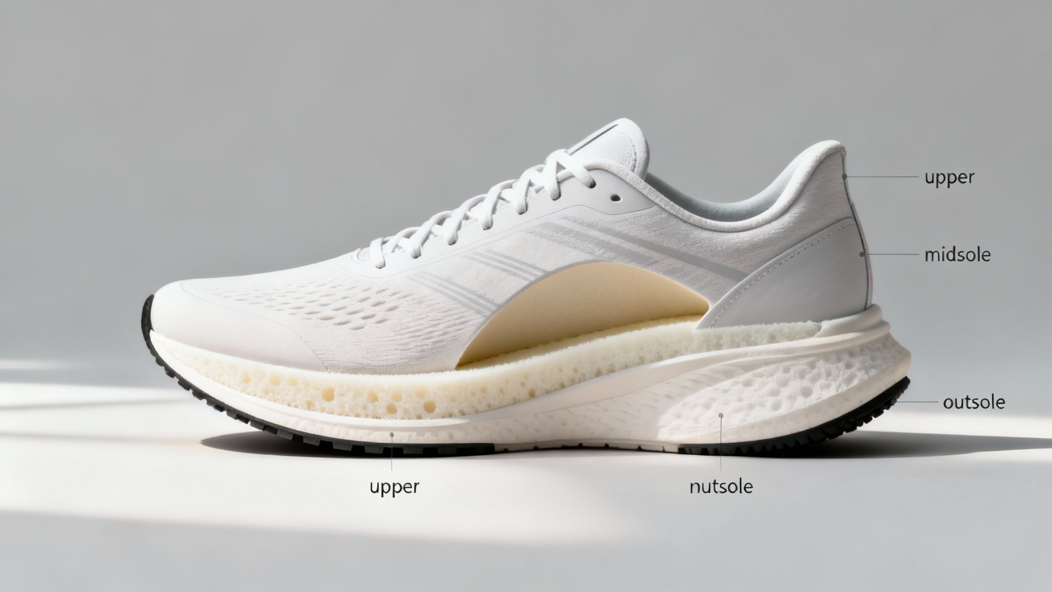 A white running shoe cut in half, revealing its labeled internal components: upper, midsole, outsole, and nutsole.
