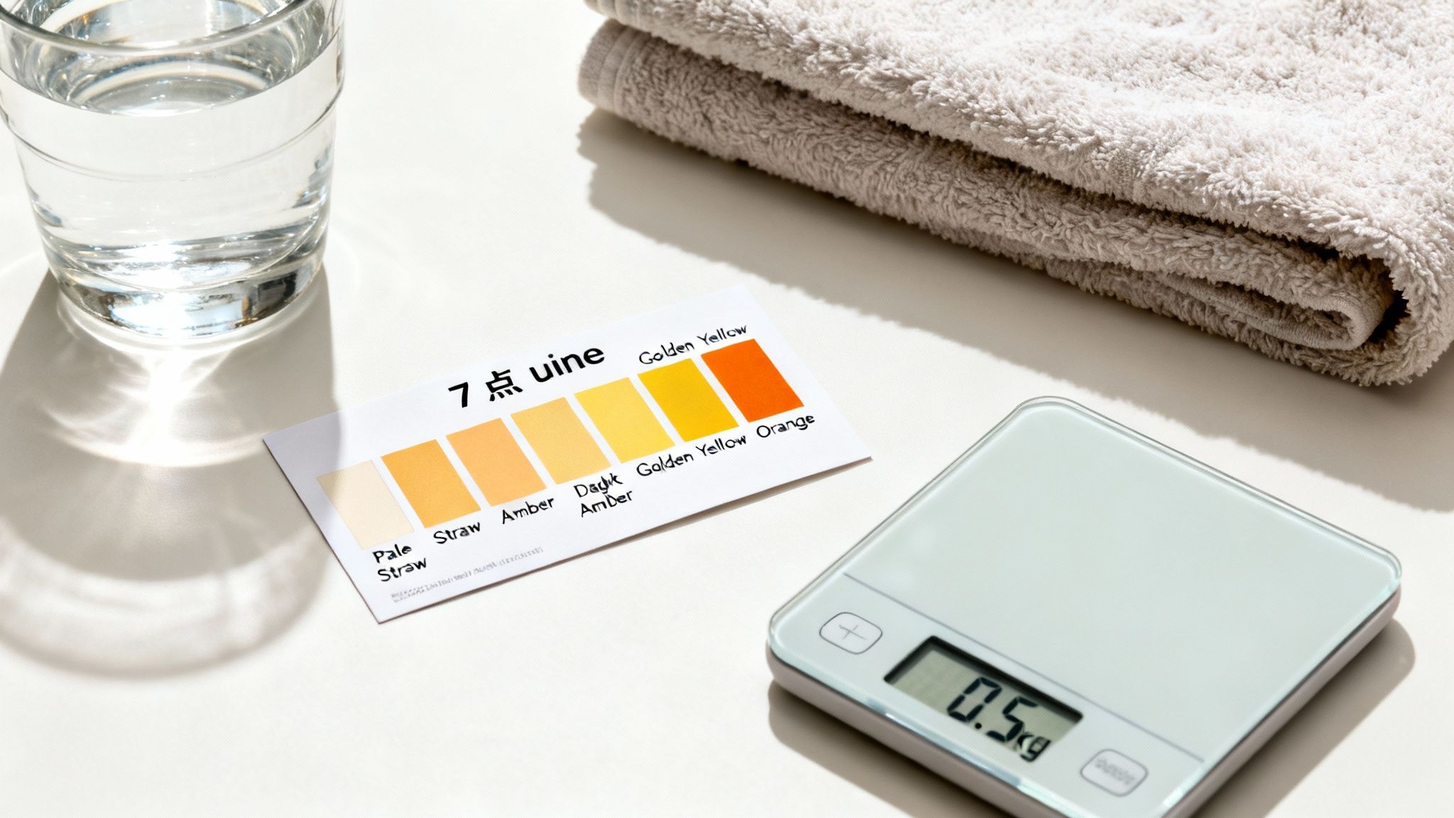 A glass of water, a urine color chart, a digital scale showing 0.5kg, and a folded towel.