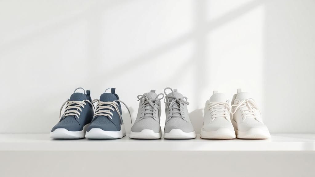 Three pairs of minimalist sneakers in blue, gray, and white are displayed on a white shelf with soft shadows in a bright setting.