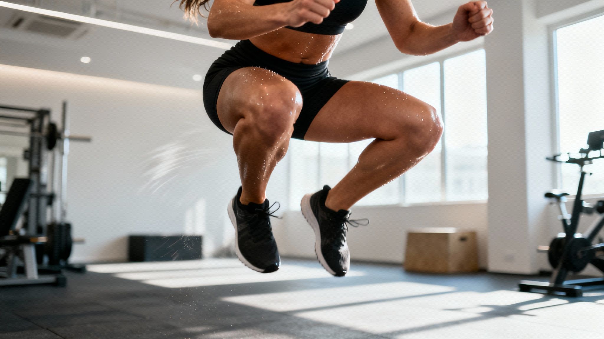 Woman doing a plyometric jump in a gym setting wearing black shoes and workout shorts