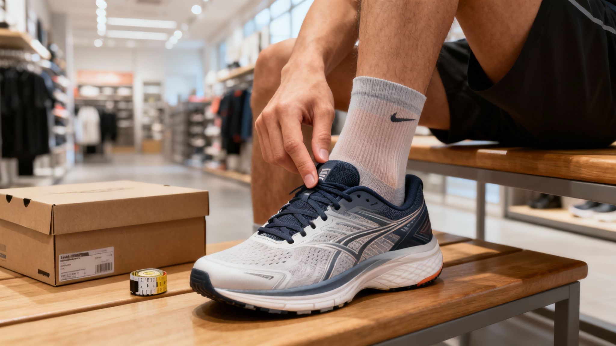 Close-up of a person trying on a light grey and navy running shoe in a retail store.