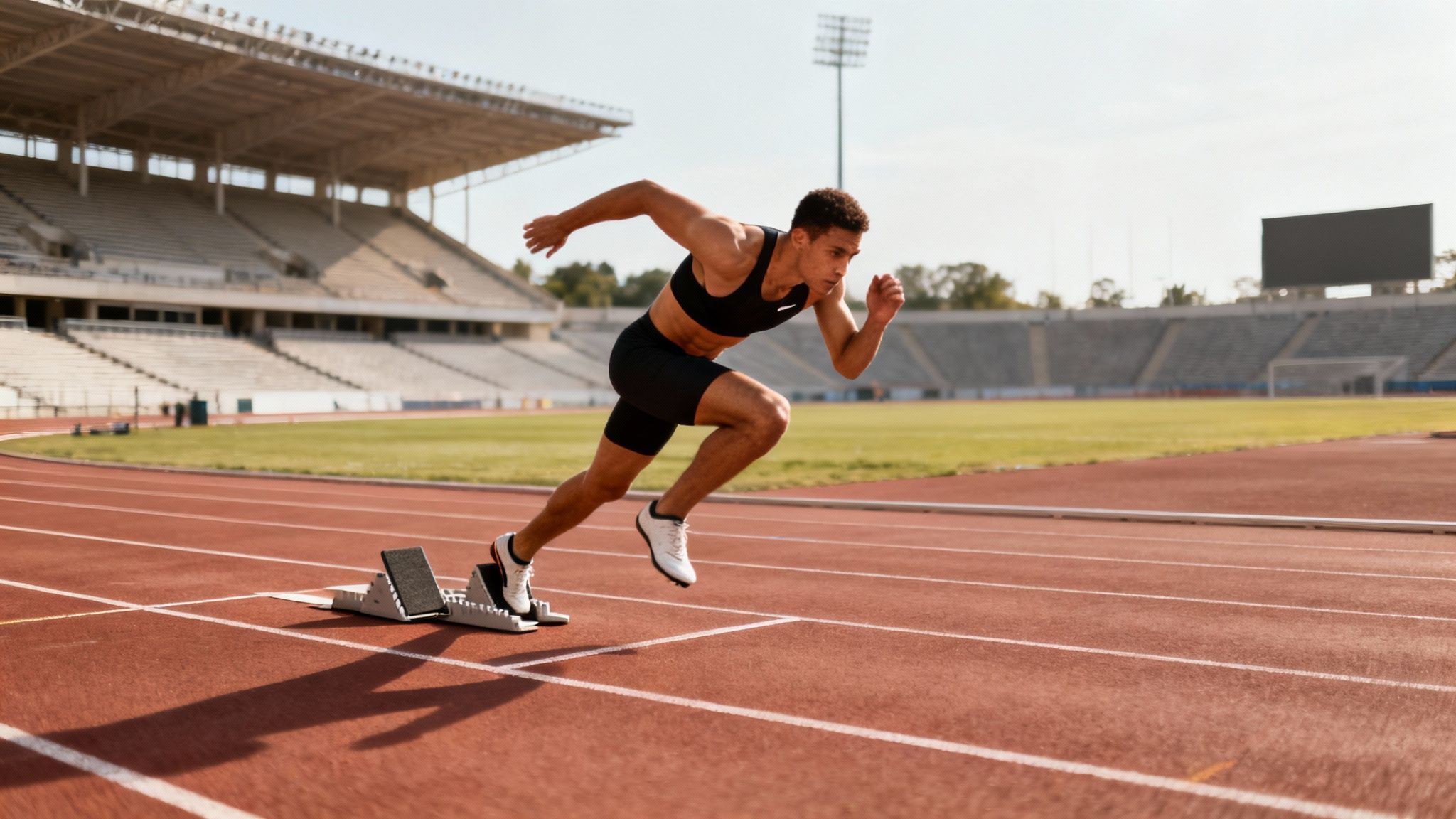 A female runner sprinting on a track, showing powerful core engagement.
