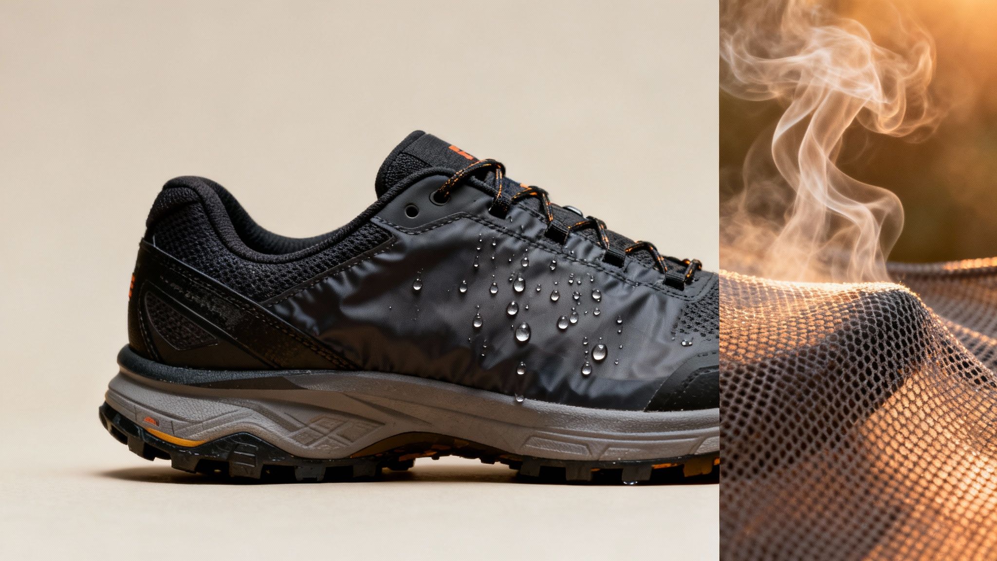 Close-up of a black waterproof trail running shoe with water droplets and breathable mesh with steam.