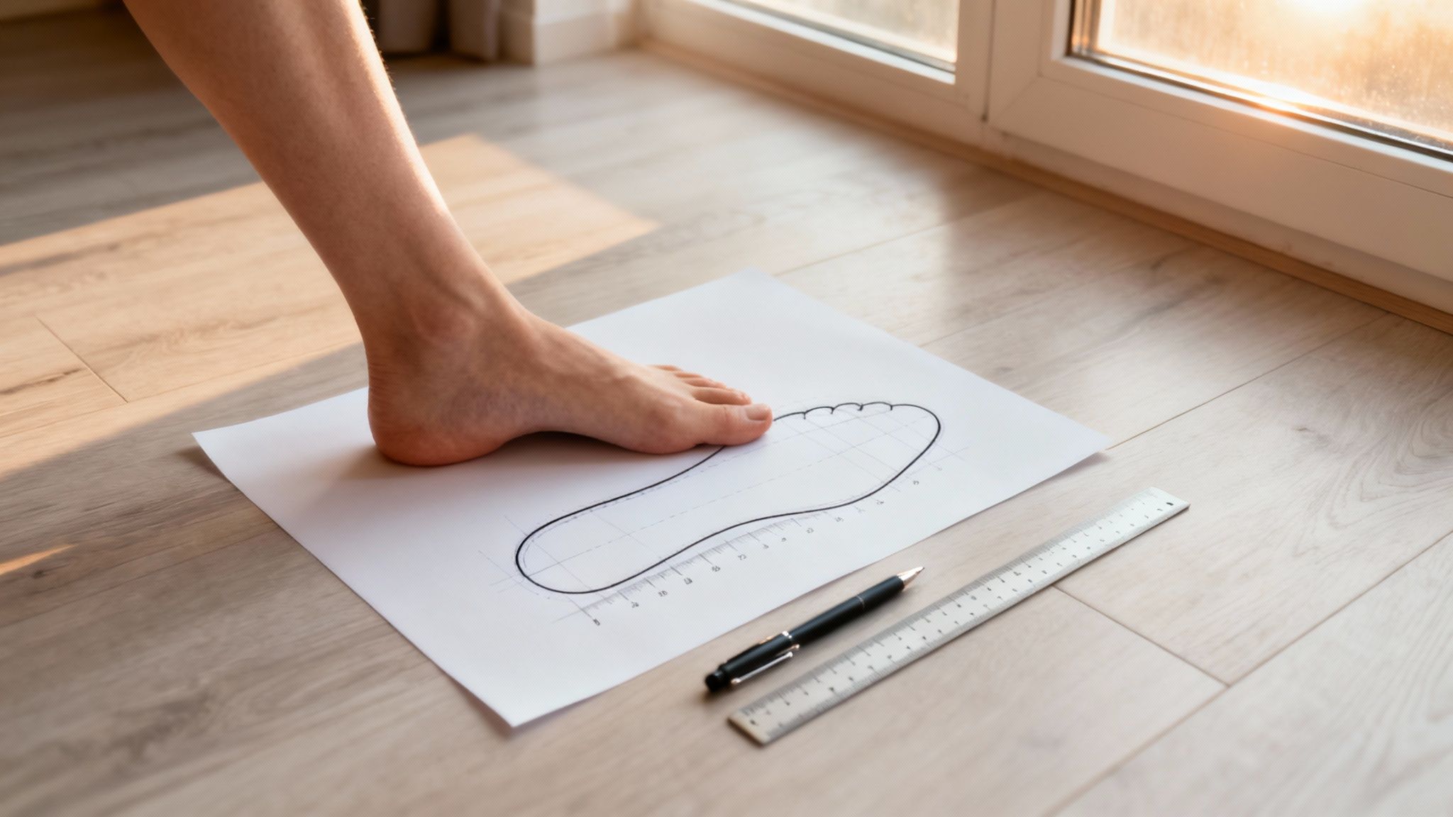 A person measures their bare foot on paper with a drawn outline, next to a ruler and pen.